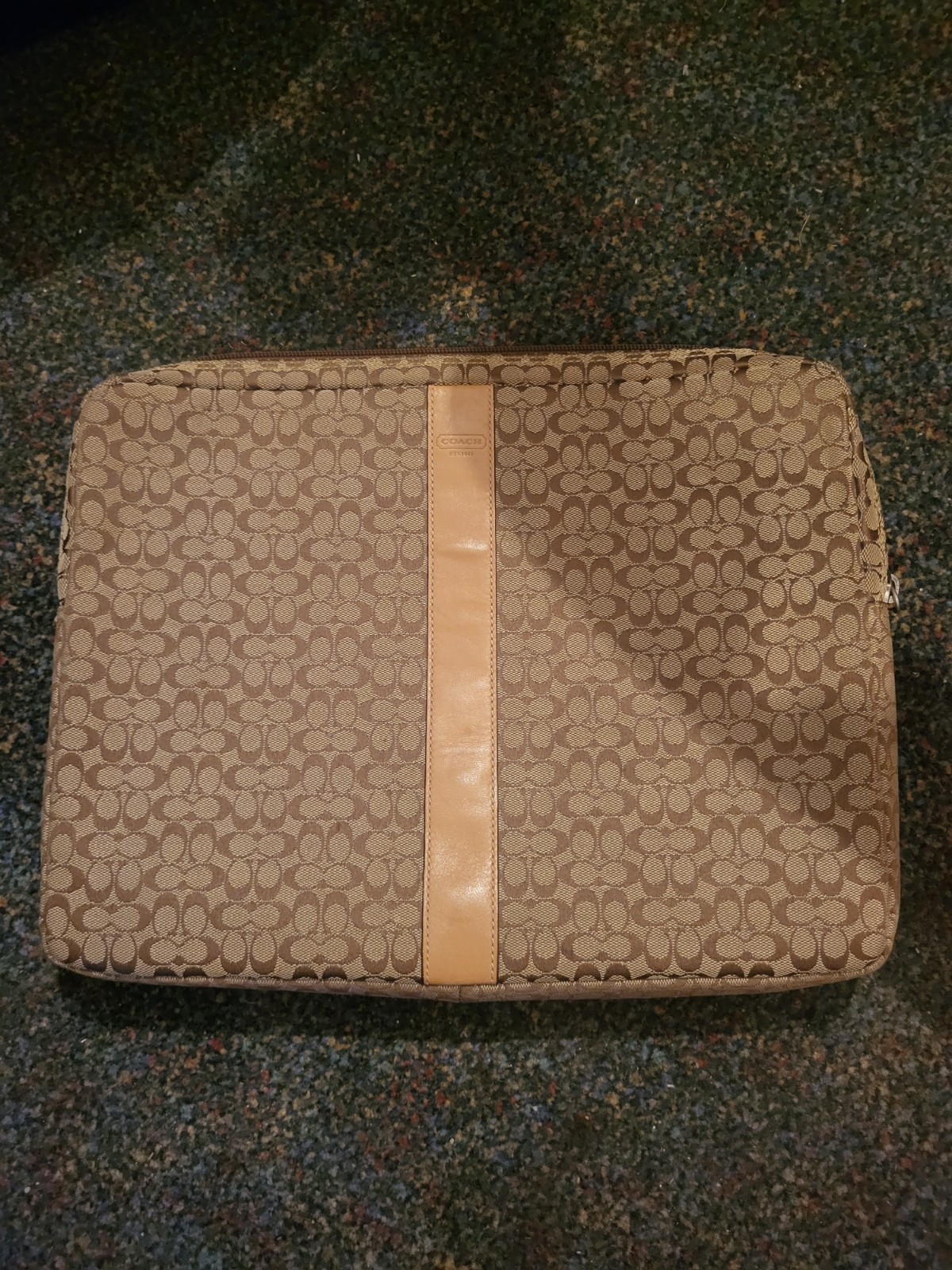 Used Coach Brown Tan Fabric Monogram w/ Leather Stripe Laptop Sleeve ~ 14" X 10"