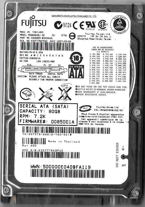 Fujitsu MHW2080BJ G2 80GB Sata Hard Drive P/N: CA06855-B30500DL F/W:0085001A