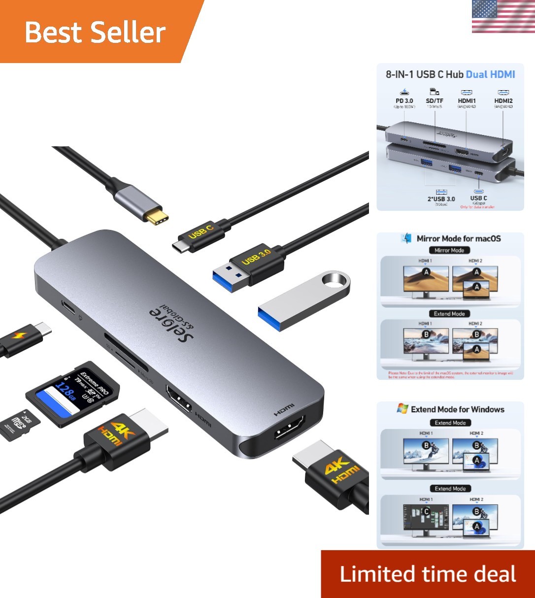 Selore USB C Docking Station: 8-in-1 Dual HDMI Adapter for High-Speed Charging