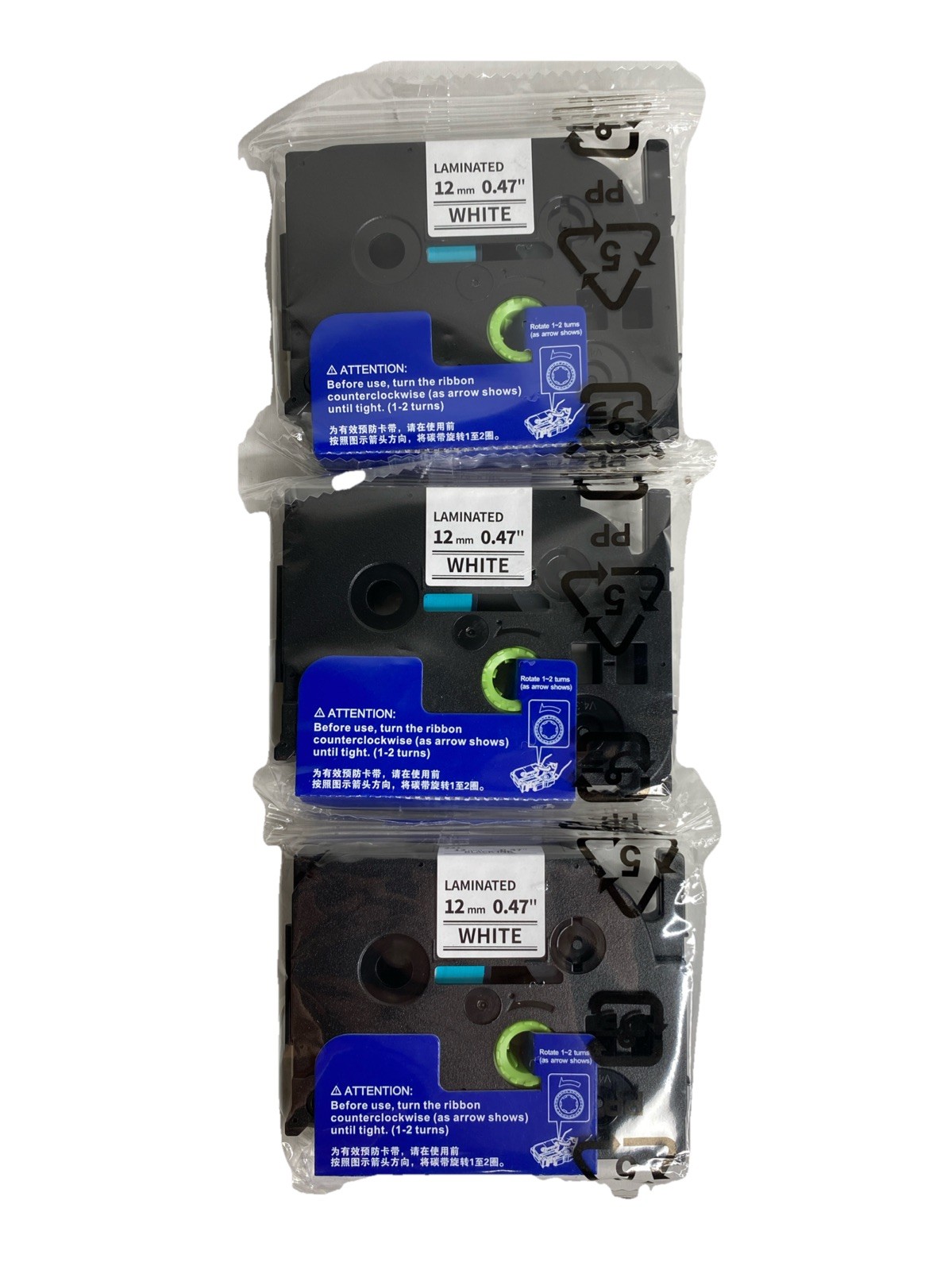 3 Pack Laminated Tape 12mm 0.47 white / Black compatible with brother New