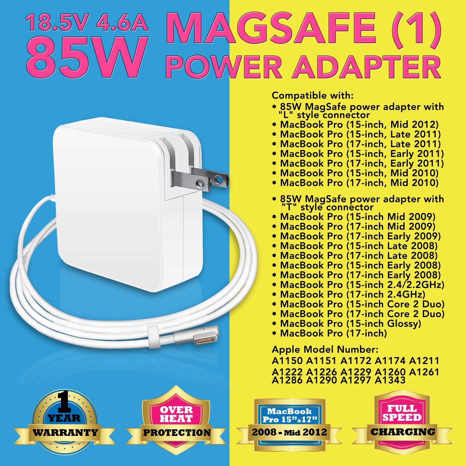 A1286 85W Power Adapter Charger Cord For MacBook Pro 15" 17" L-tip 2006 Later