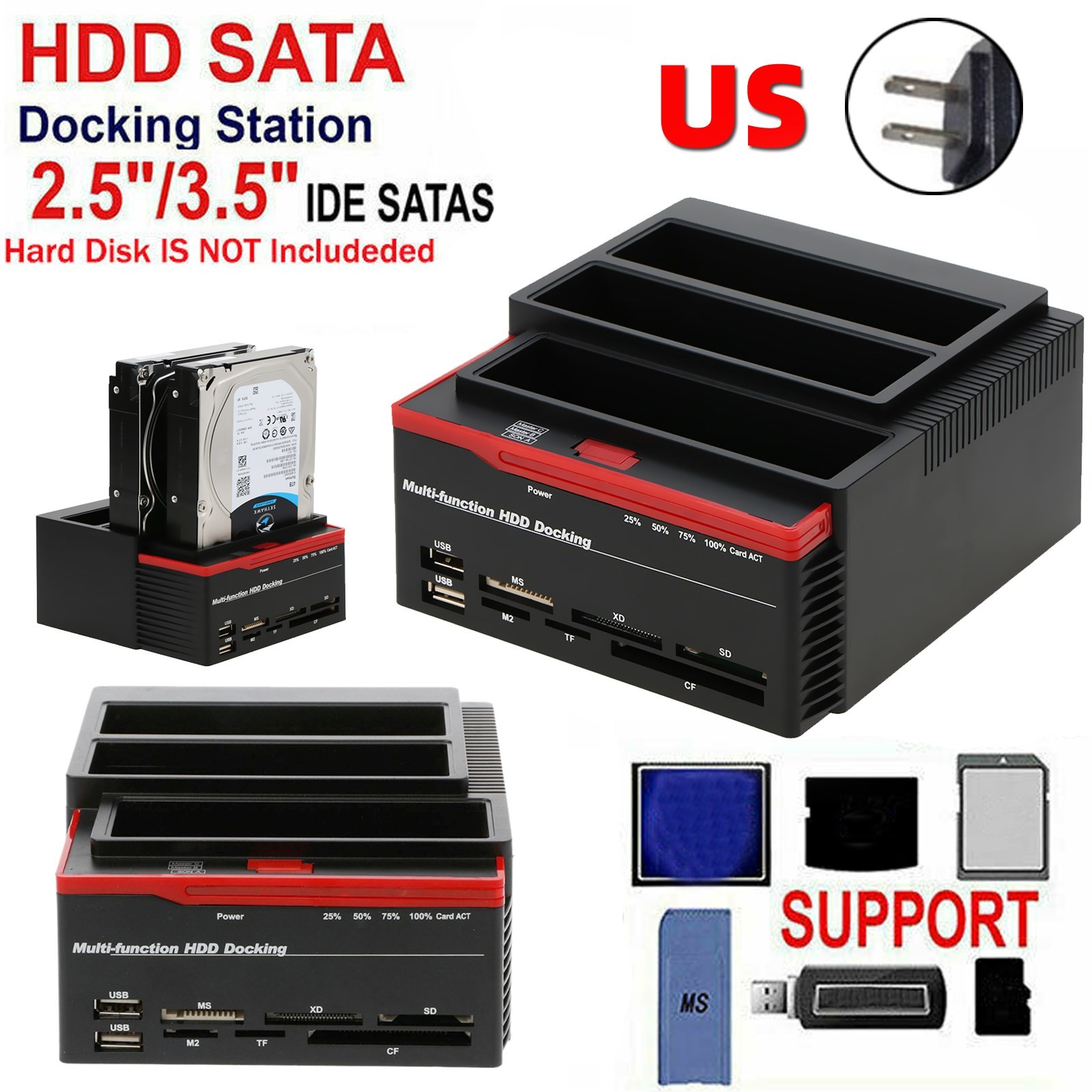 3 IDE SATA 2.5" 3.5" HDD Hard Drive Disk Clone Docking Station Card Reader US A7