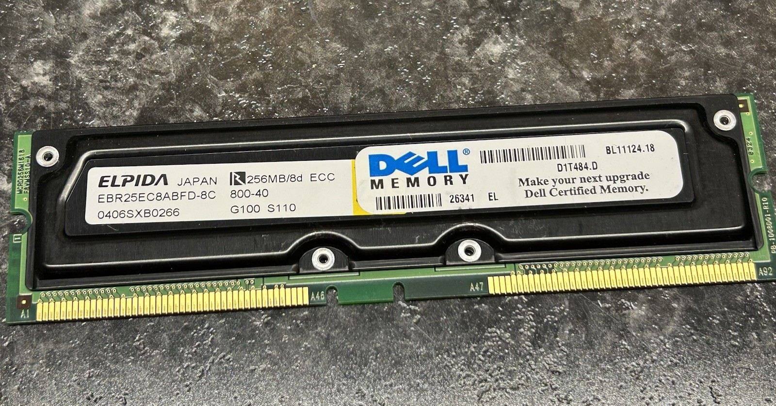 Elpida Rambus 256MB PC800 800MHz 40ns ECC 184-Pin RDRAM RIMM Memory Module