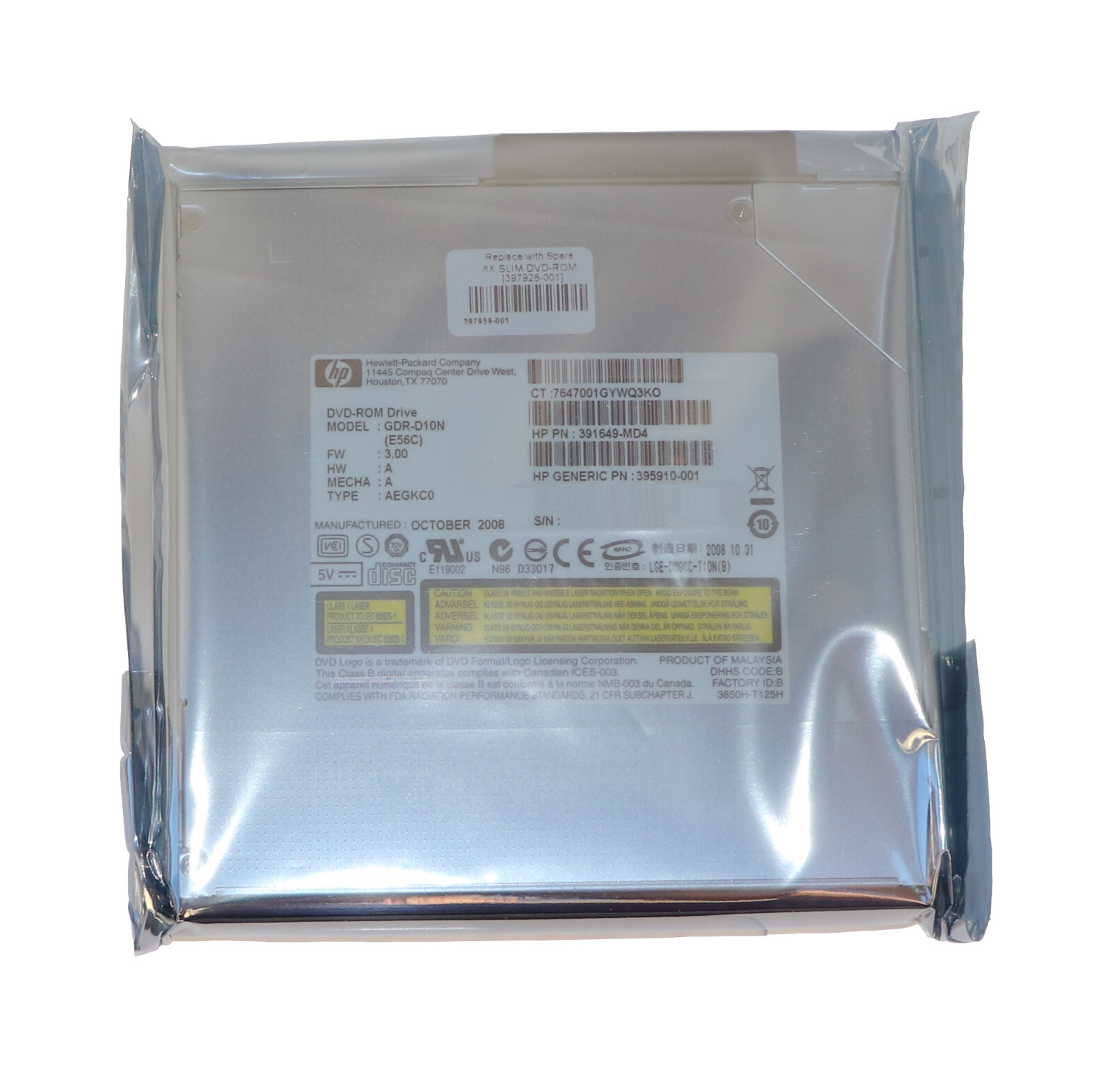 HP DVD GDR-D10N 391649-MD4 395910-001 8x SLIM DVD-ROM Drive in HP Sealed Package