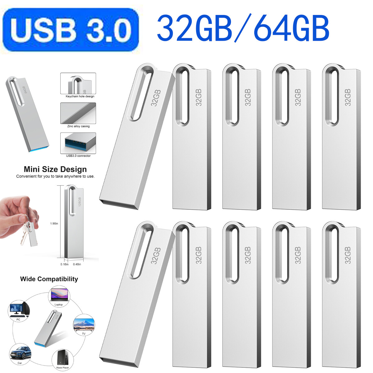 USB Flash Drive 32GB 64GB 128GB Lot Pack Memory Stick Metal Waterproof Pen Drive