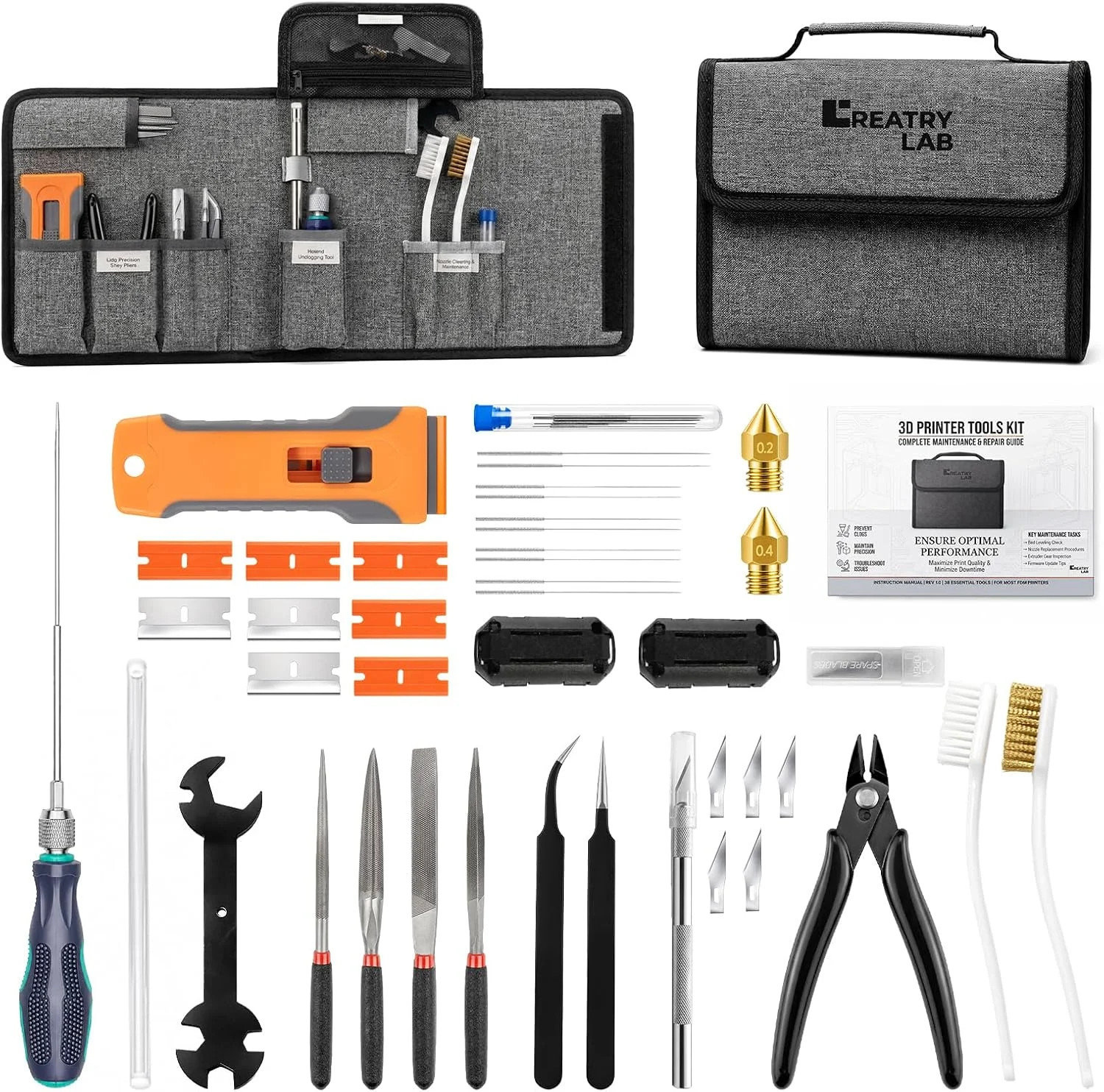 3D Printer Tools, 38-Piece 3D Printer Maintenance Kit, Deep Hotend Unclogging an