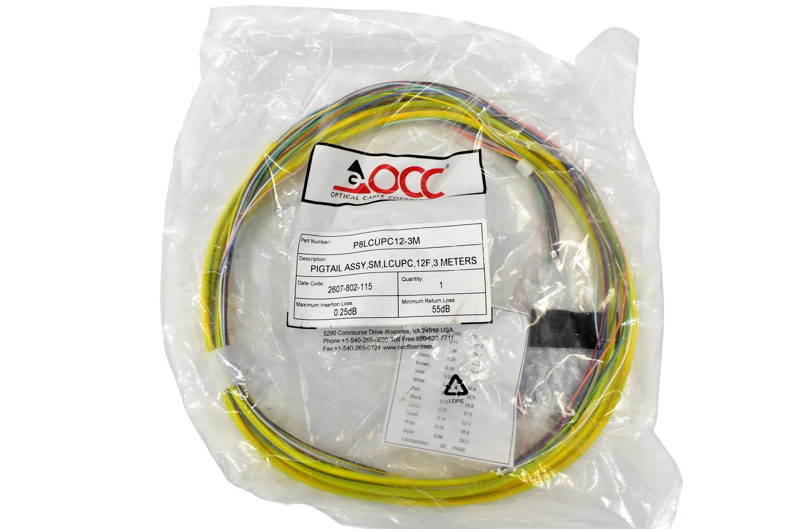 OCC Fiber Optic Pigtail LC To Bare Fiber 10ft Yellow P8LCUPC12-3M SM 12F 3M