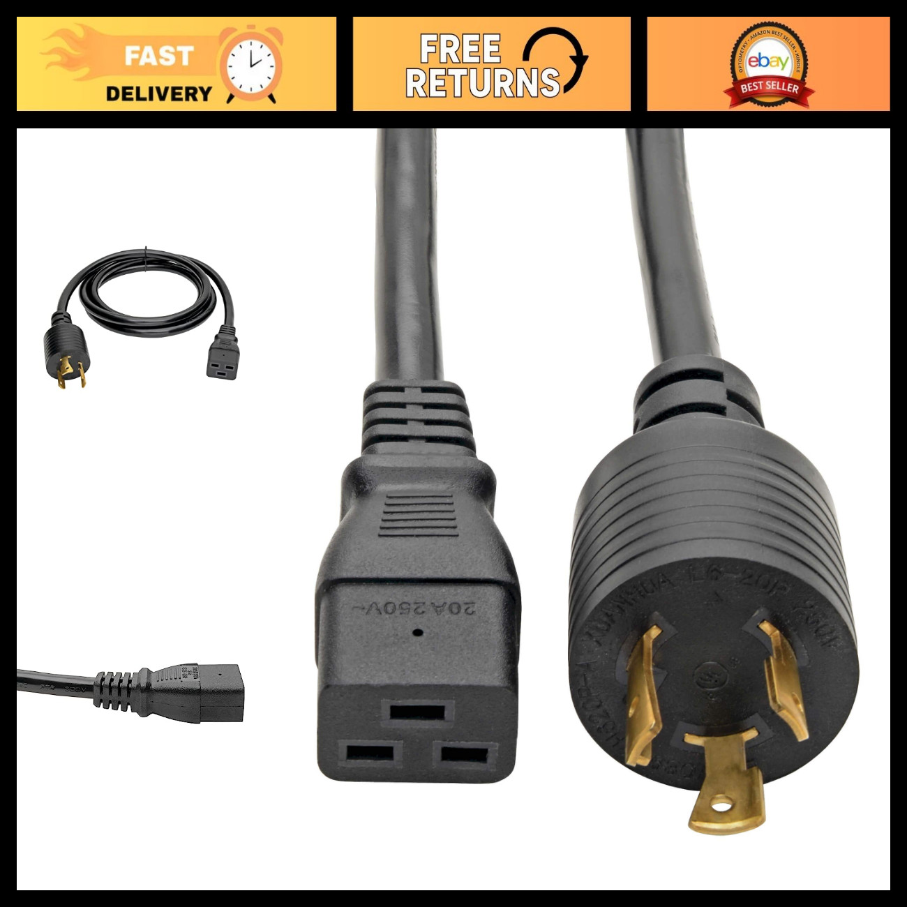Heavy-Duty 14ft Power Cord 20A 12AWG IEC-320-C19 to NEMA L6-20P for PDU UPS