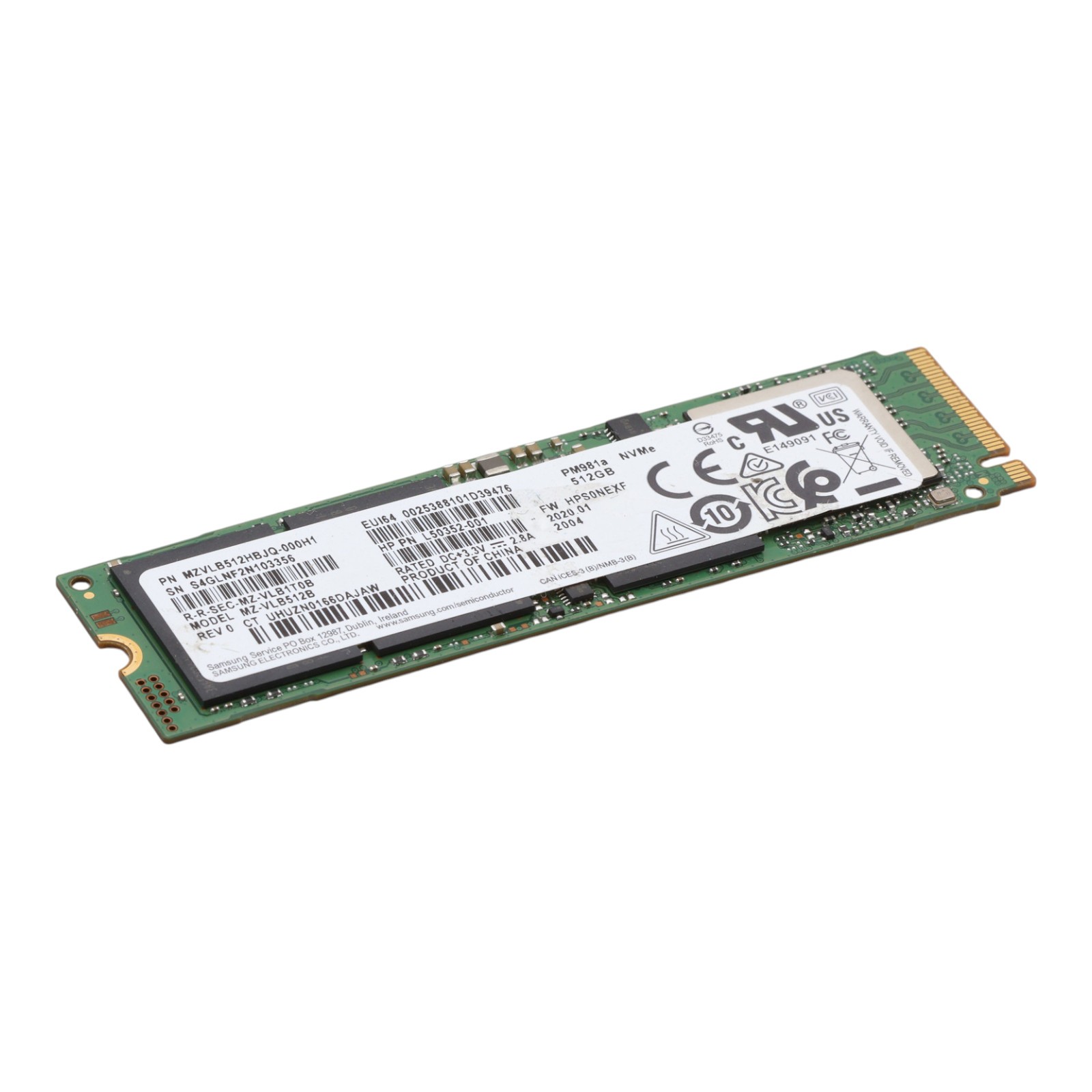 Samsung 512GB PCIe 3.0 x4 NVMe M.2 2280 MZVLB512HBJQ-000H1 L50352-001 PM981a HP