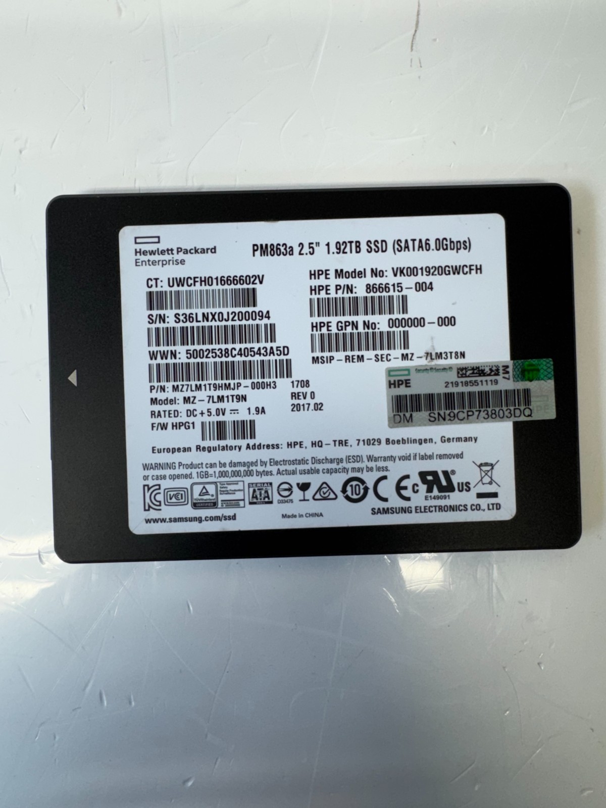 HPE SAMSUNG SM863a 1.92TB 2.5" SATA SSD | MZ-7LM1T9N | HPE VK001920GWCFH |  *QTY