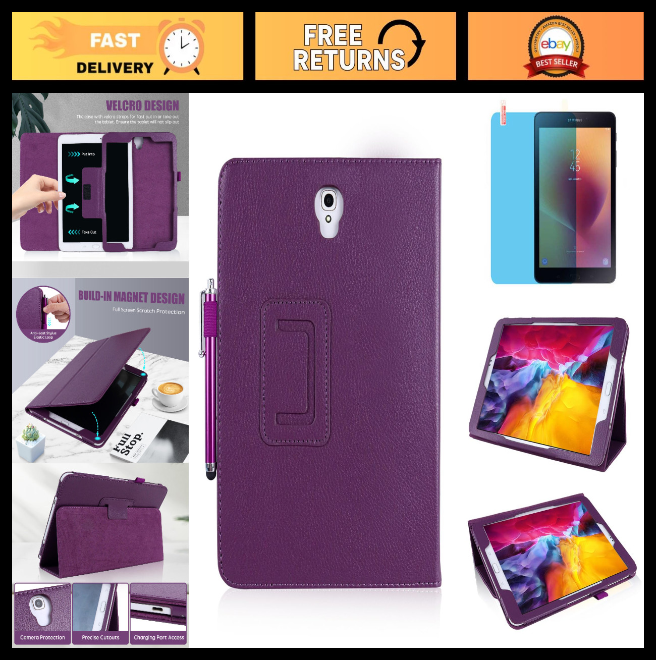 Slim Leather Case for 8" Tablet, Multi-Angle Stand, Full Protection, Stylus & Sc