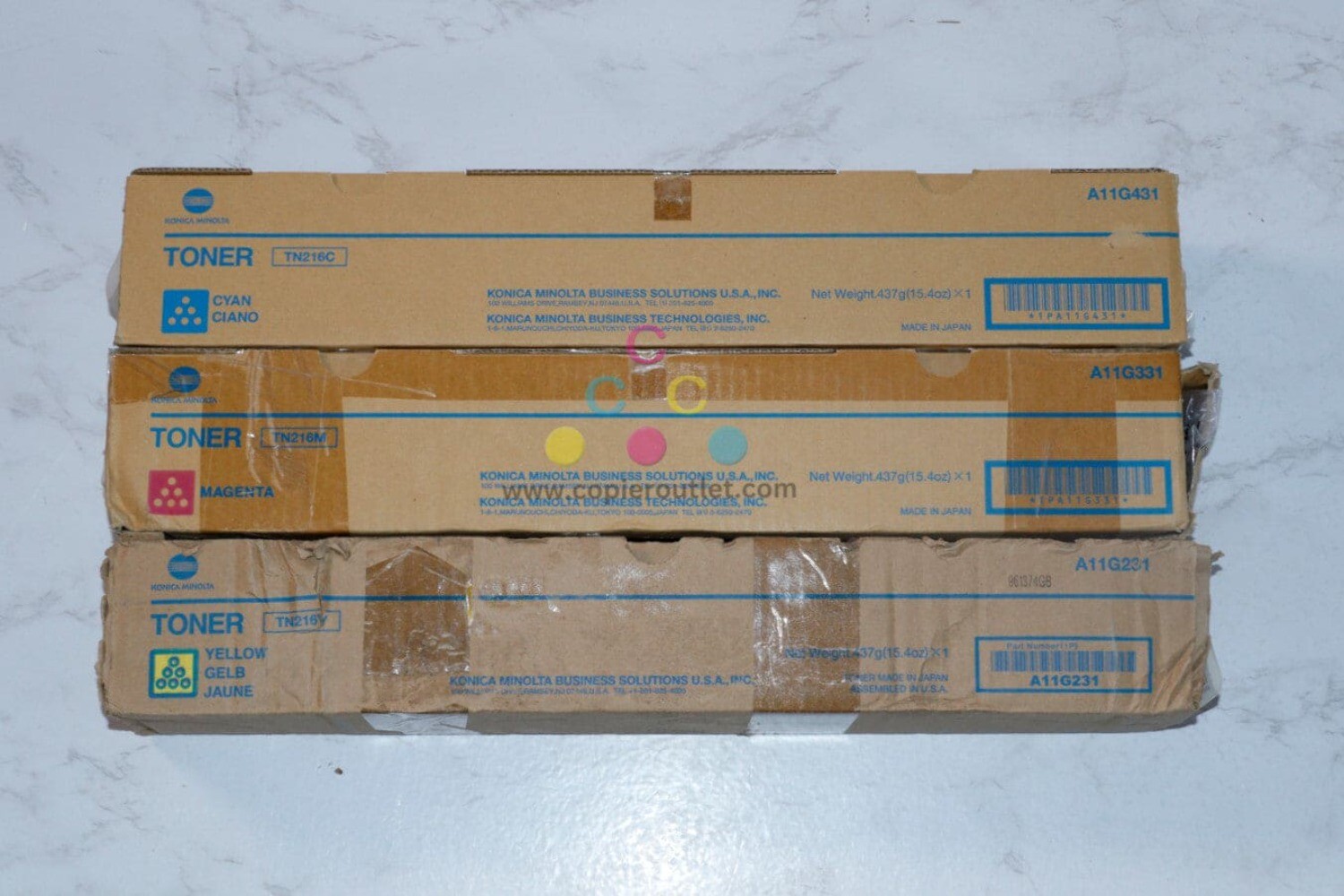 3 Cosmetic OEM Konica Minolta BH C220,C280 CMY Toners TN216C, TN216M, TN216Y
