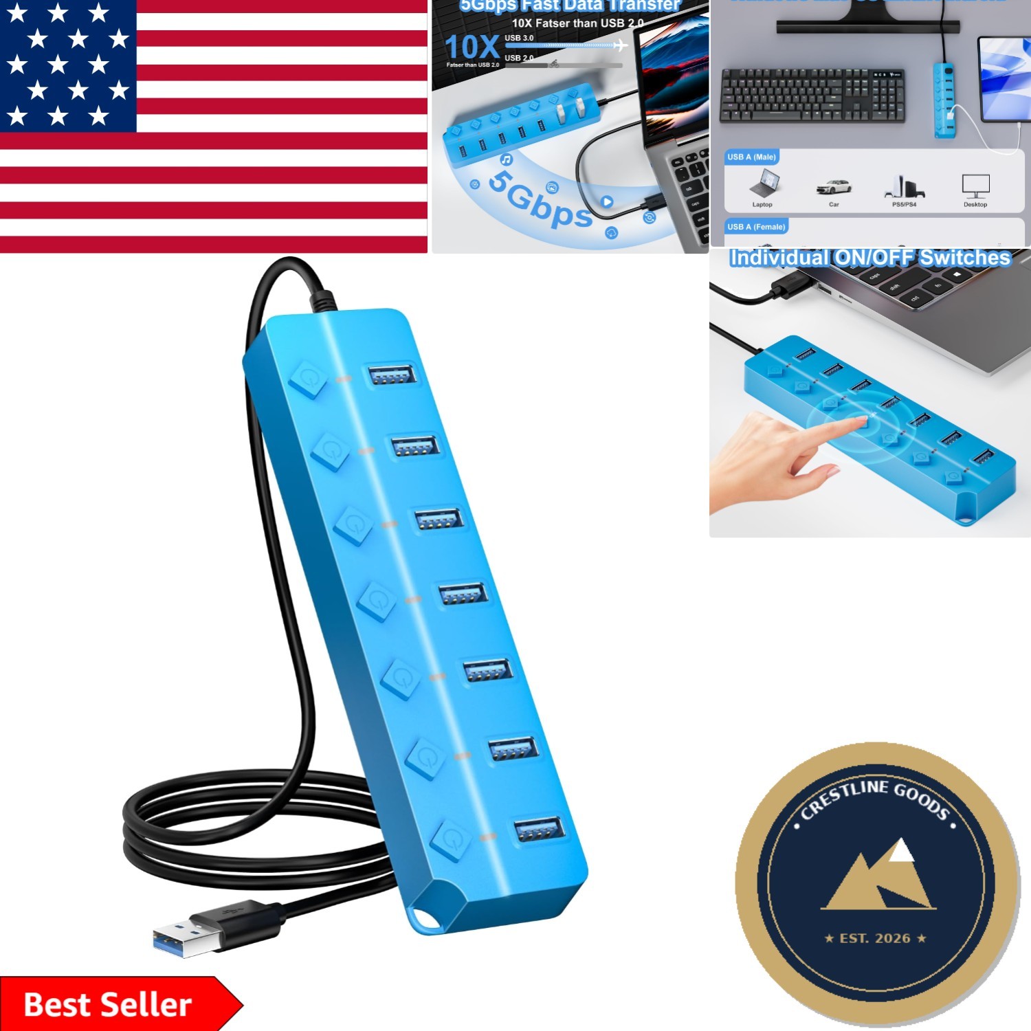 Versatile USB 3.0 Hub with 7 Ports & 3.3ft Cable - Ideal for Multiple Devices