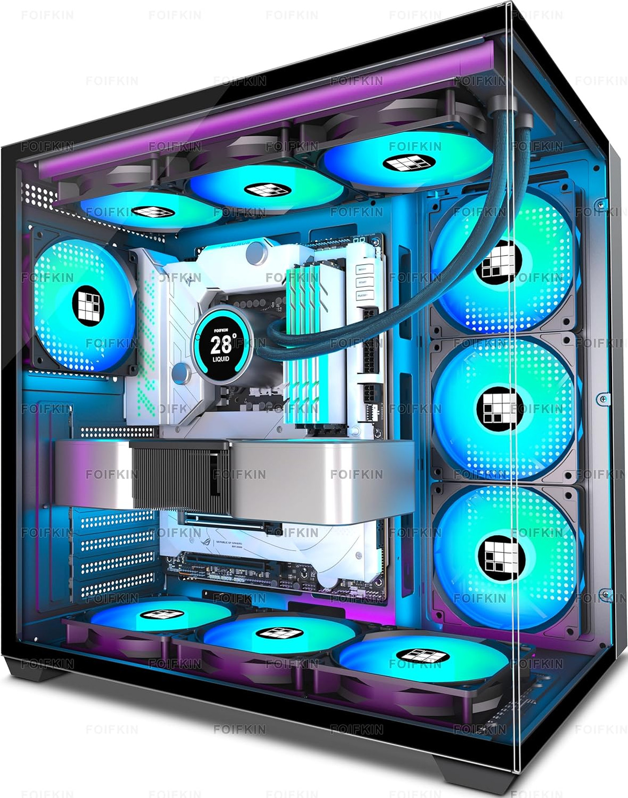 F600 PC Case - Pre-Installed 7 PWM ARGB Fan, ATX Mid-Tower Gaming PC Case, 270°