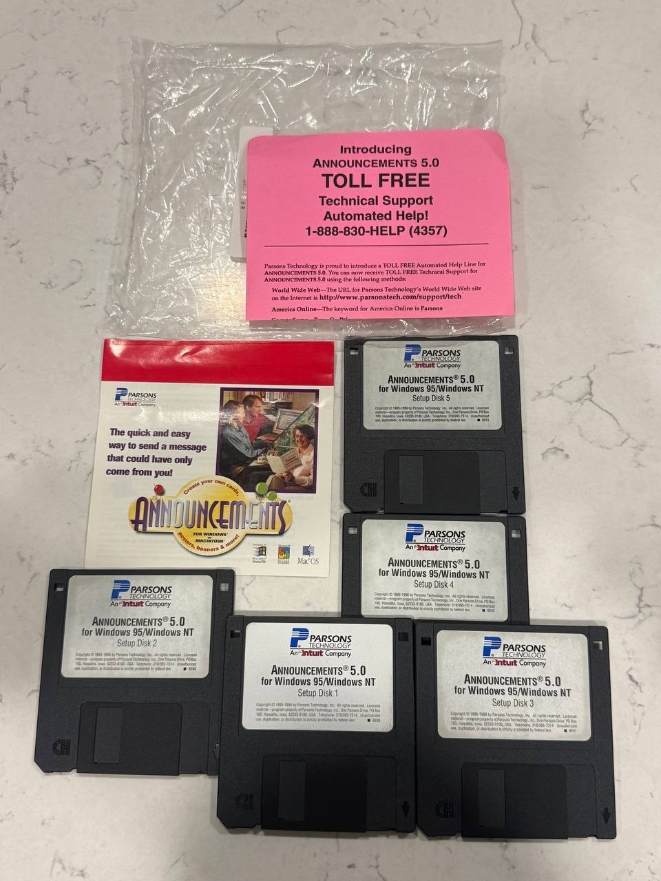 Vintage Announcements 5.0 Parsons Technology Windows 95 NT 5 Floppy Disks UNTEST