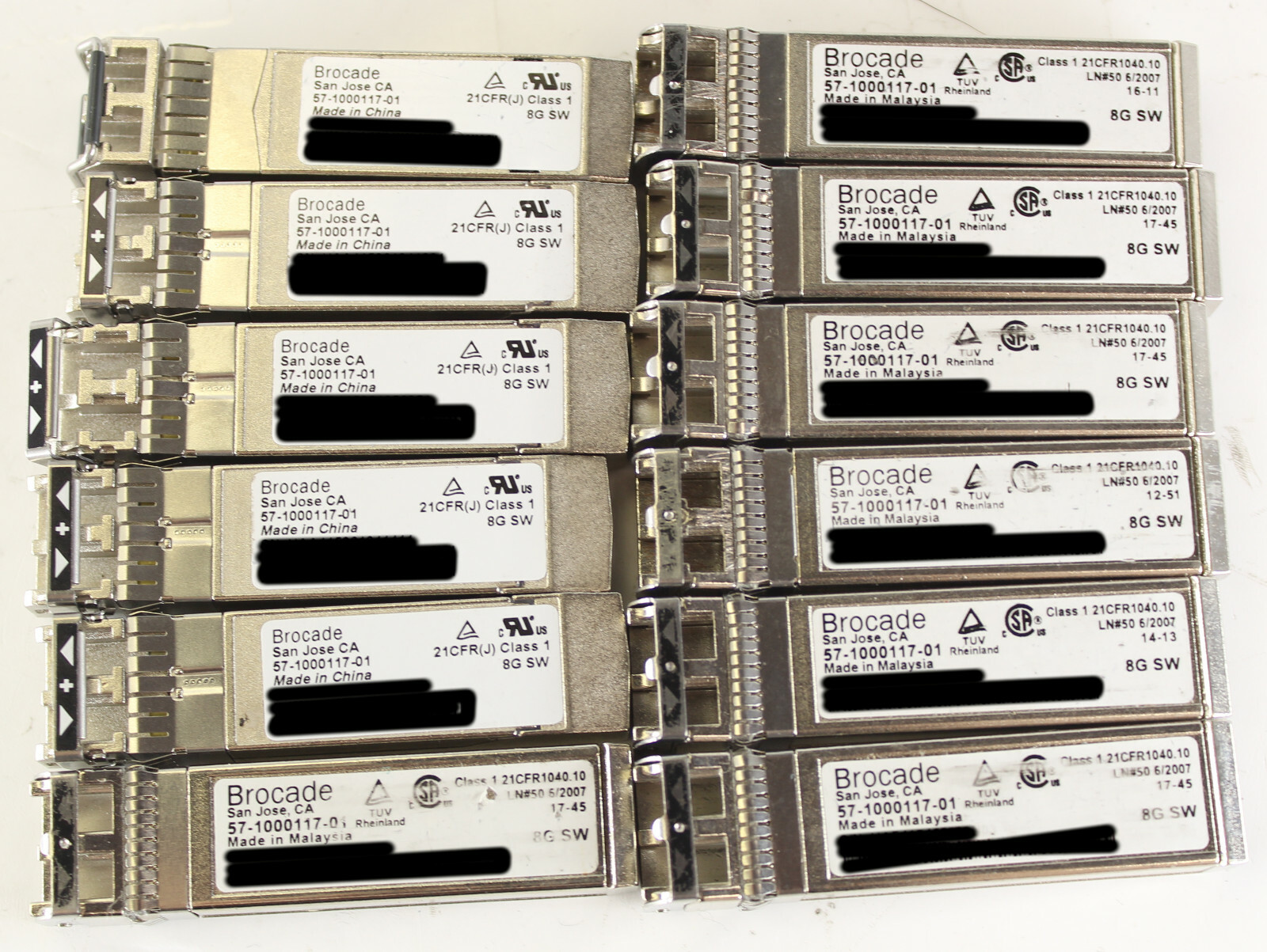Lot of 12 Brocade 57-1000117-01 8G SW Class 1 850nm SFP Transceiver Module