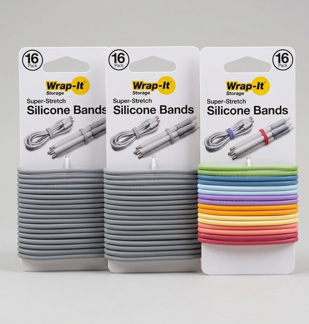 Wrap-It Storage Super-Stretch Silicone Bands - (16-Pack) -Gray - Multi - 3 Pack