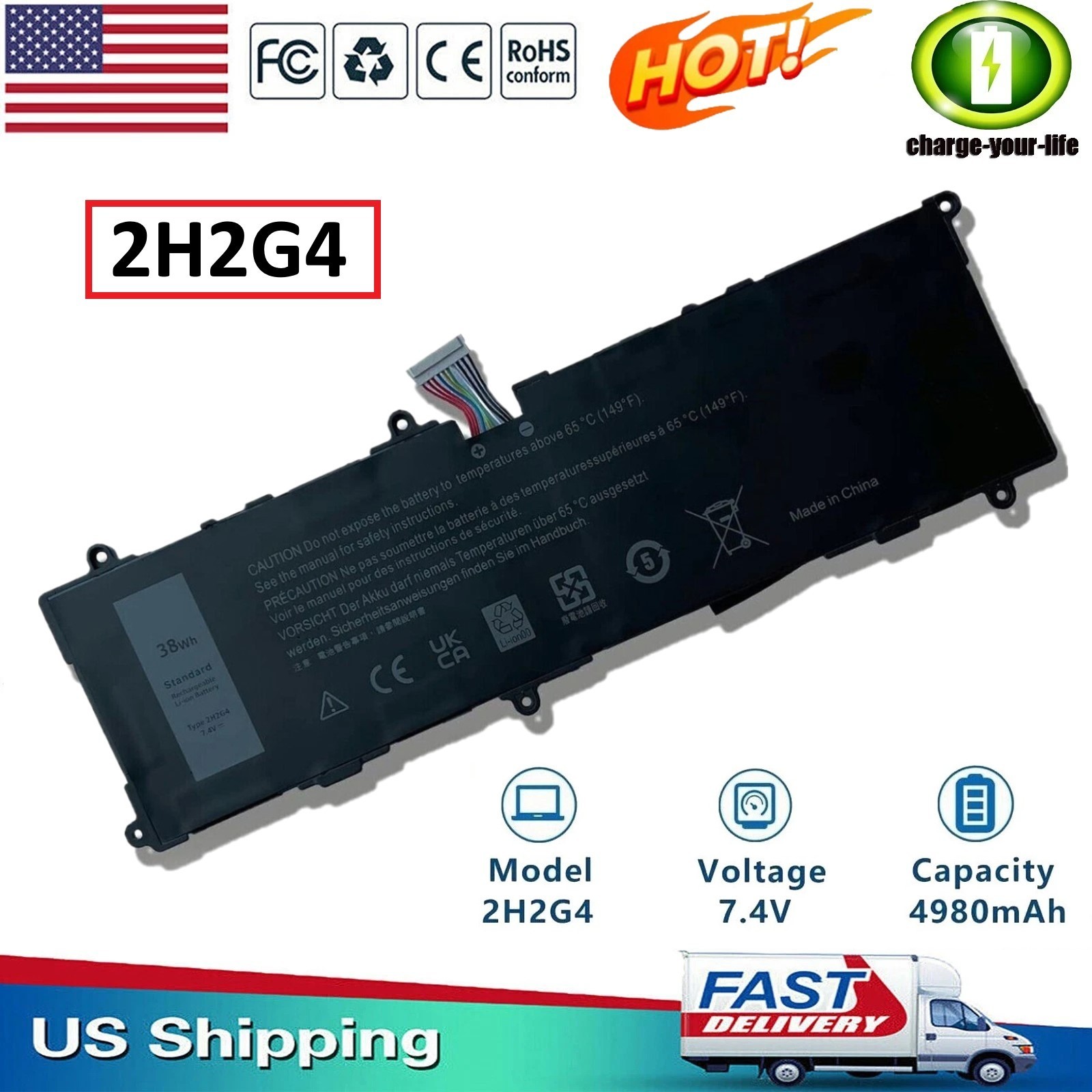 New 2H2G4 Battery For Dell Venue 11 Pro 7140 21CP5/63/109 HFRC3 TXJ69 38Wh 7.4V