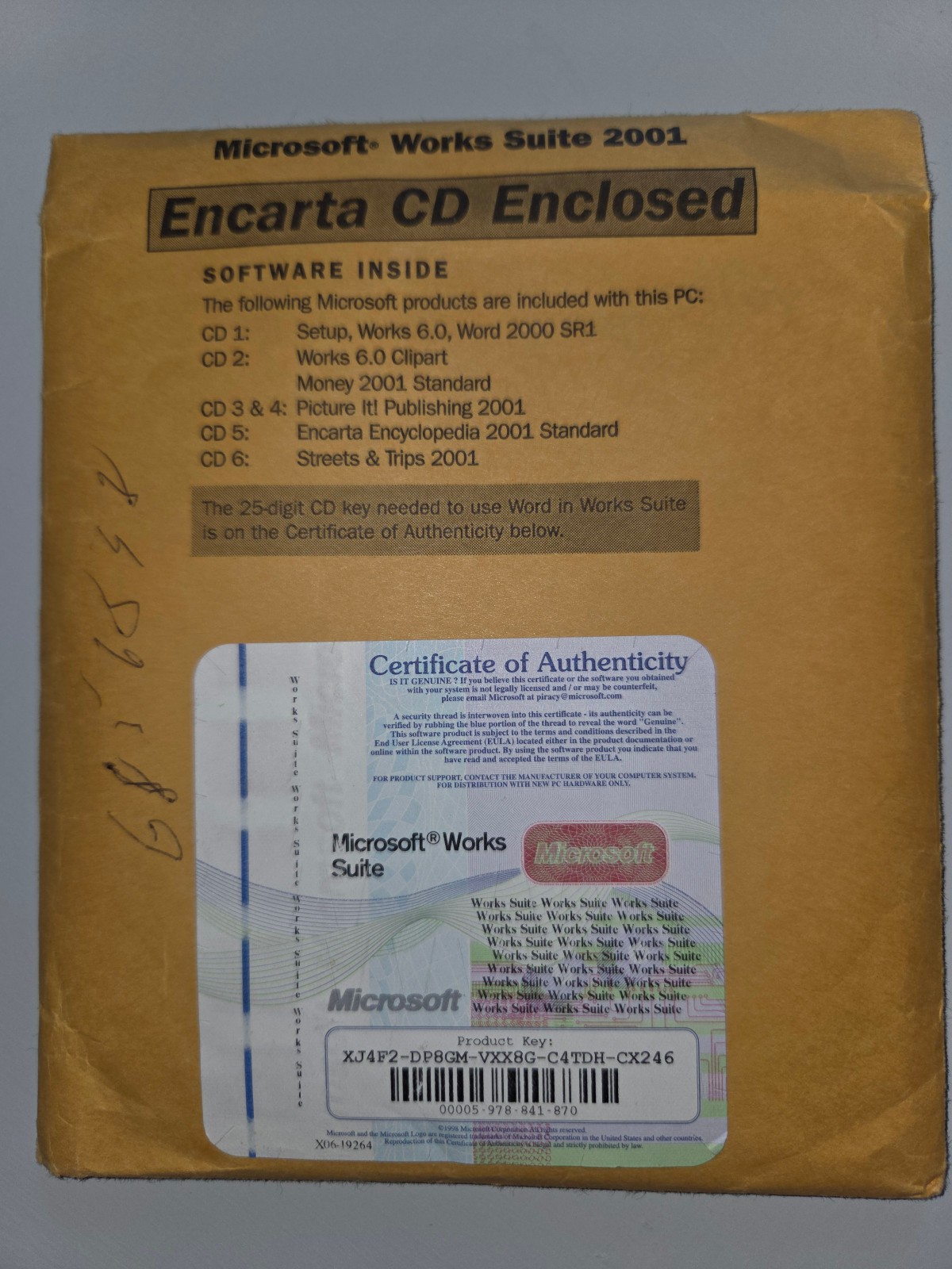 MICROSOFT WORKS SUITE 2001 encarta 6 CD set & Product Key