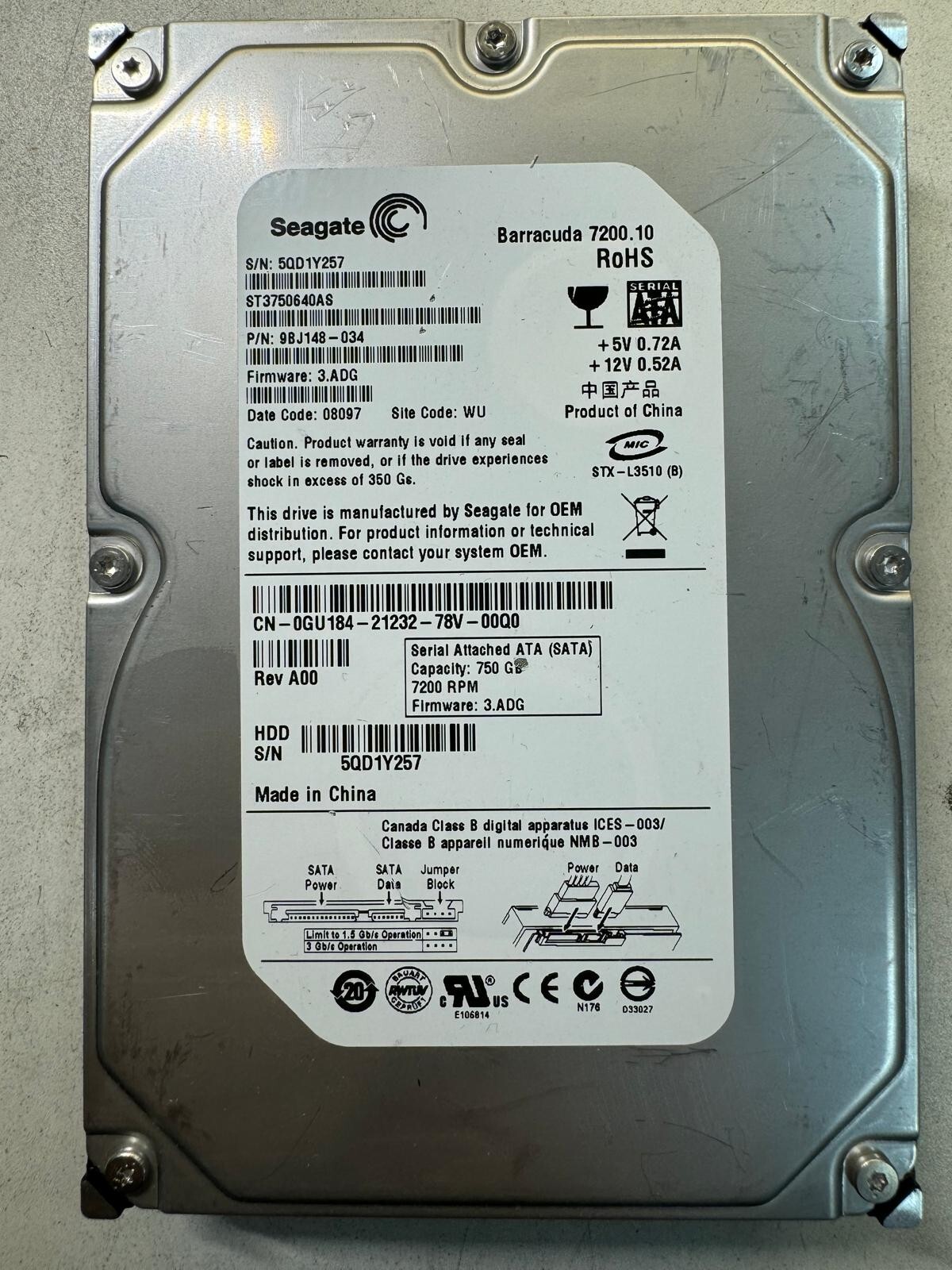 SEAGATE ST3750640AS 9BJ148-034 750GB Firmware 3.ADG Code 08097 SATA 3.5" HDD