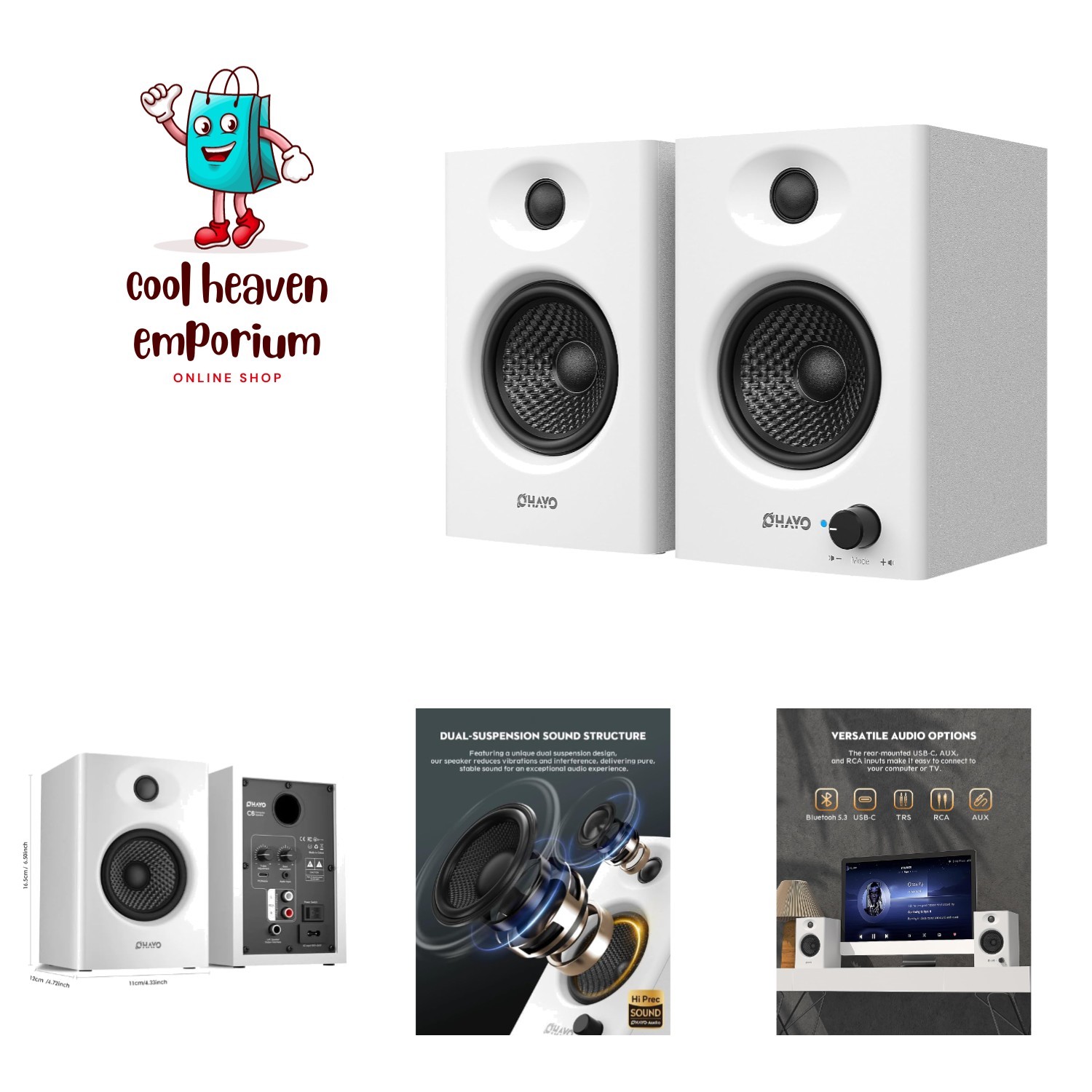 White 60W Bluetooth Speakers for Desktop - Rich Sound & Compact Design
