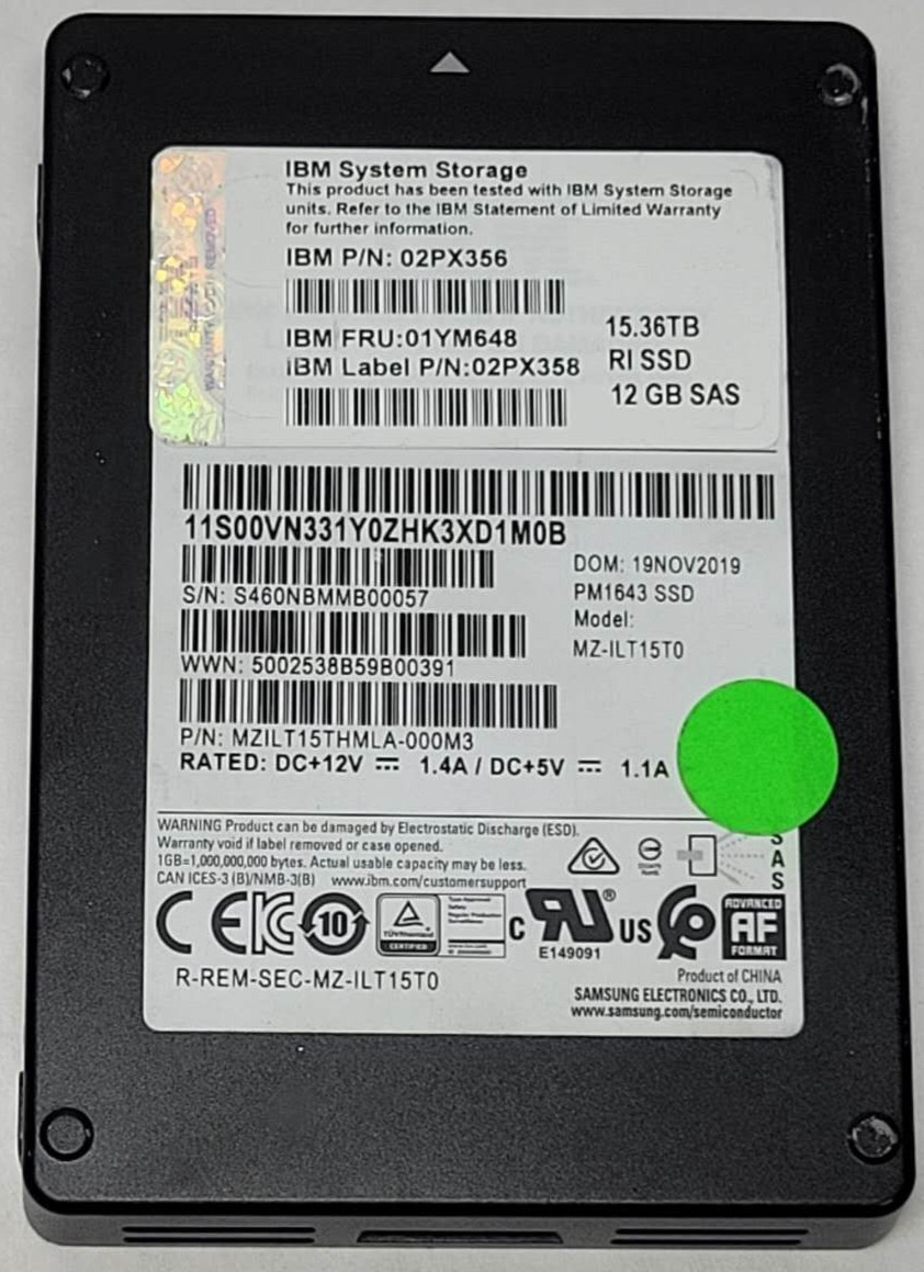 IBM Samsung PM1643 15.36TB SAS 2.5" SSD MZ-ILT15T0 02PX356 01YM648 100% HEALTH
