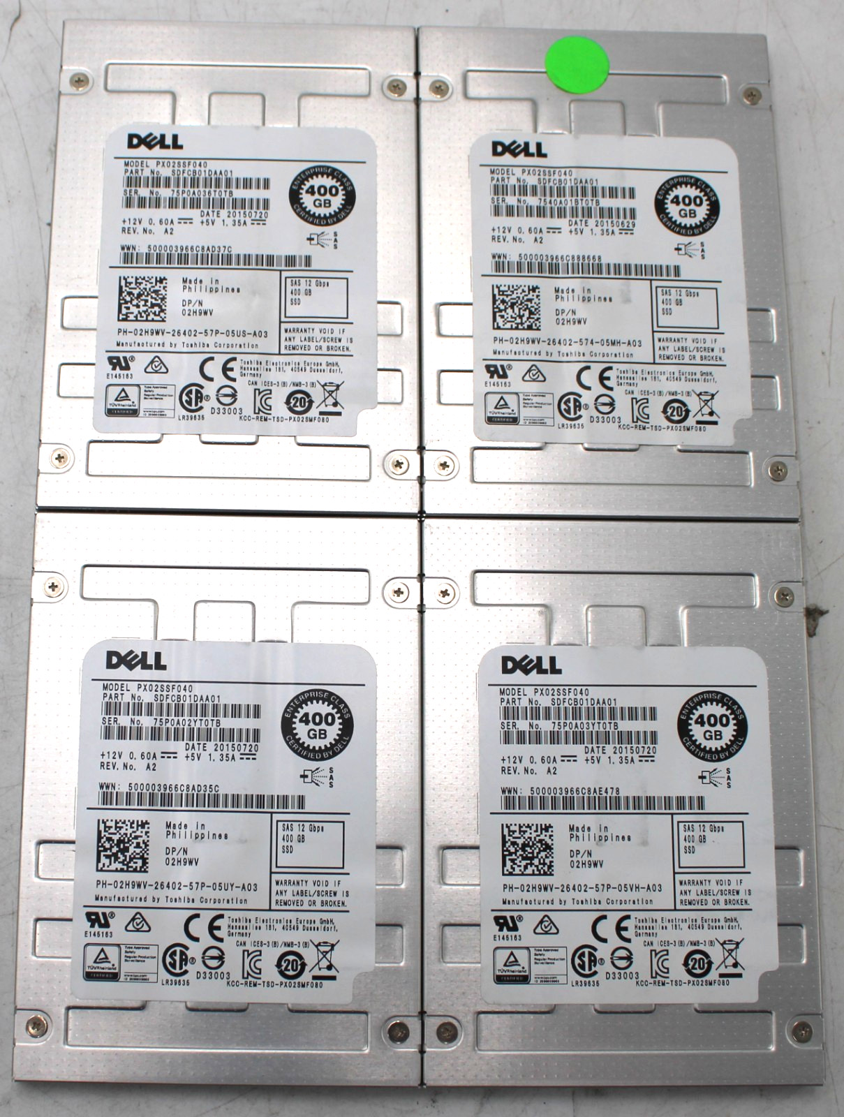 Lot of 4 Dell 2H9WV Toshiba PX02SSF040 400GB 2.5" Write-Intensive Server SAS SSD