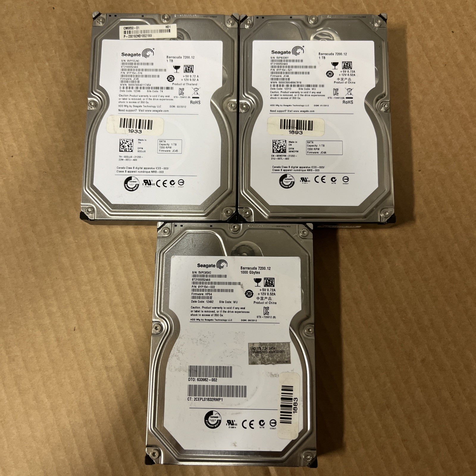LOT Of (3) Seagate Barracuda ST31000524AS 1 TB 3.5" SATA Desktop Hard Drive HDD