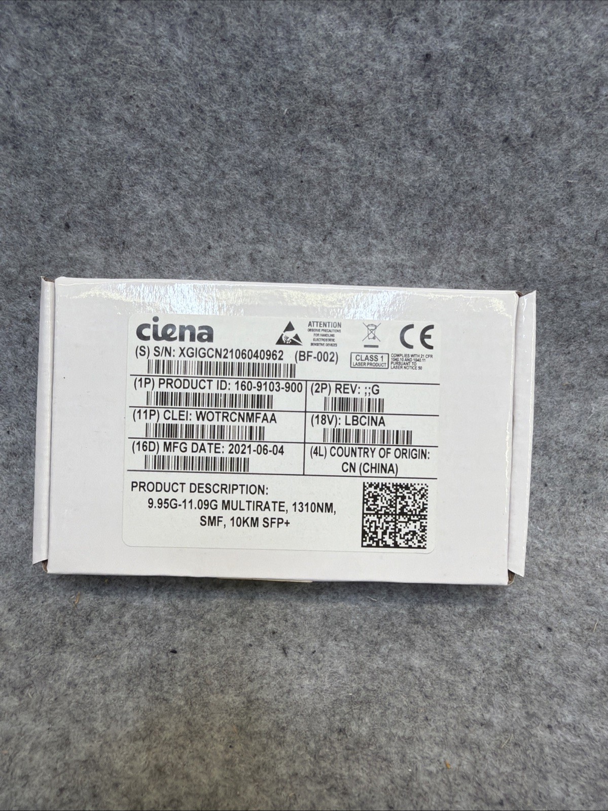 CIENA 160-9103-900  9.95G-11.09G MULTIRATE 1310NM SMF, 10KM SFP+  Sealed