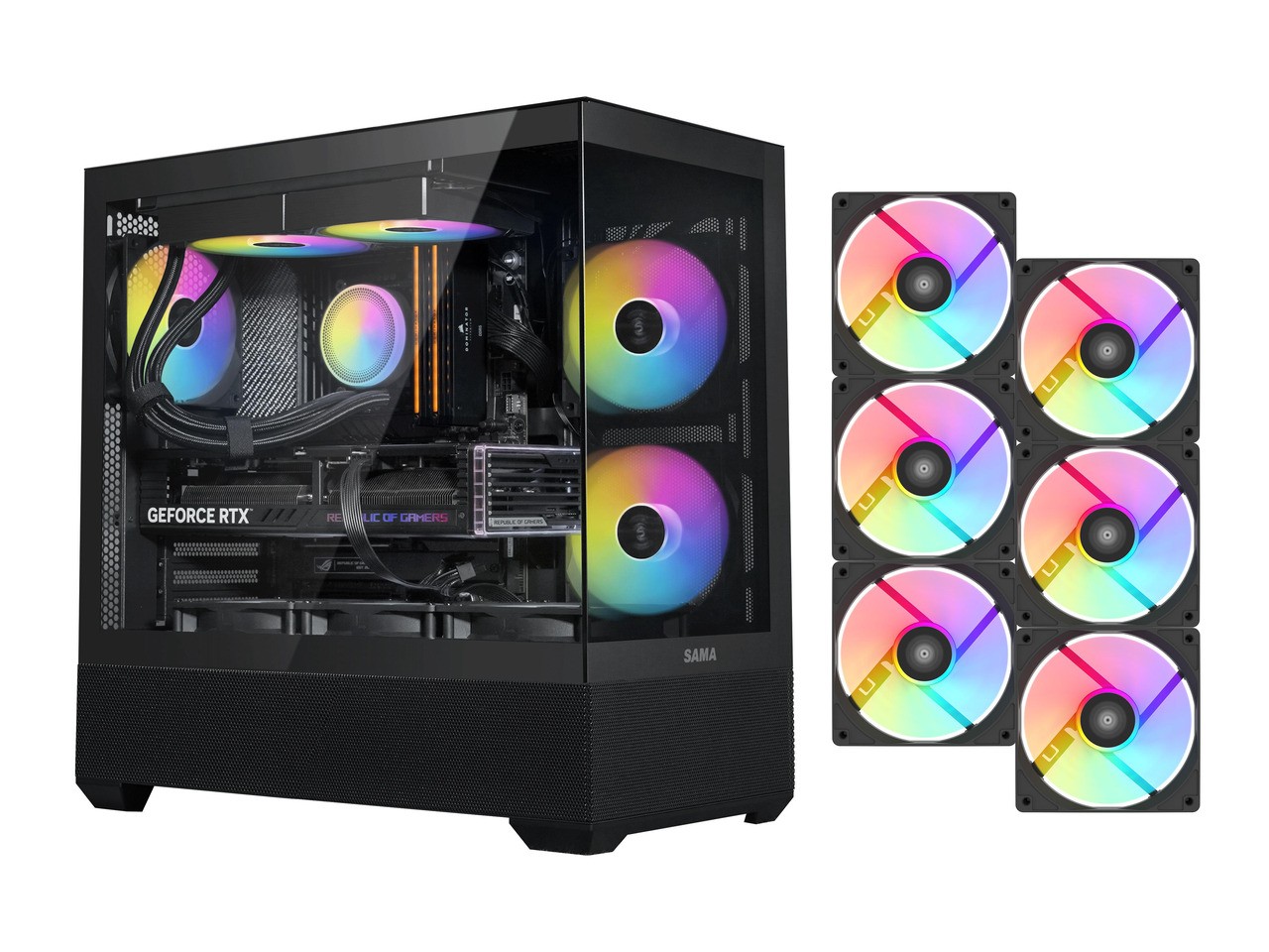 SAMA V40 Black ATX Mid Tower PC Case, 6 Pre-Installed 120mm ARGB PWM Fans, Dual
