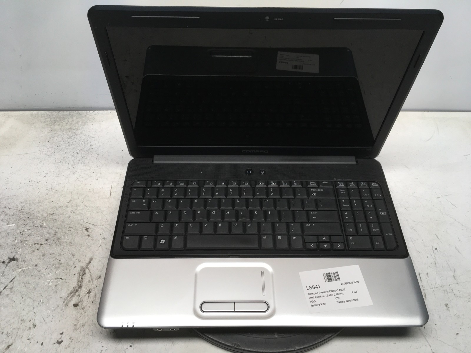 Compaq Presario CQ60-249US Intel Pentium T3400 2.16GHz 4 GB NO HDD