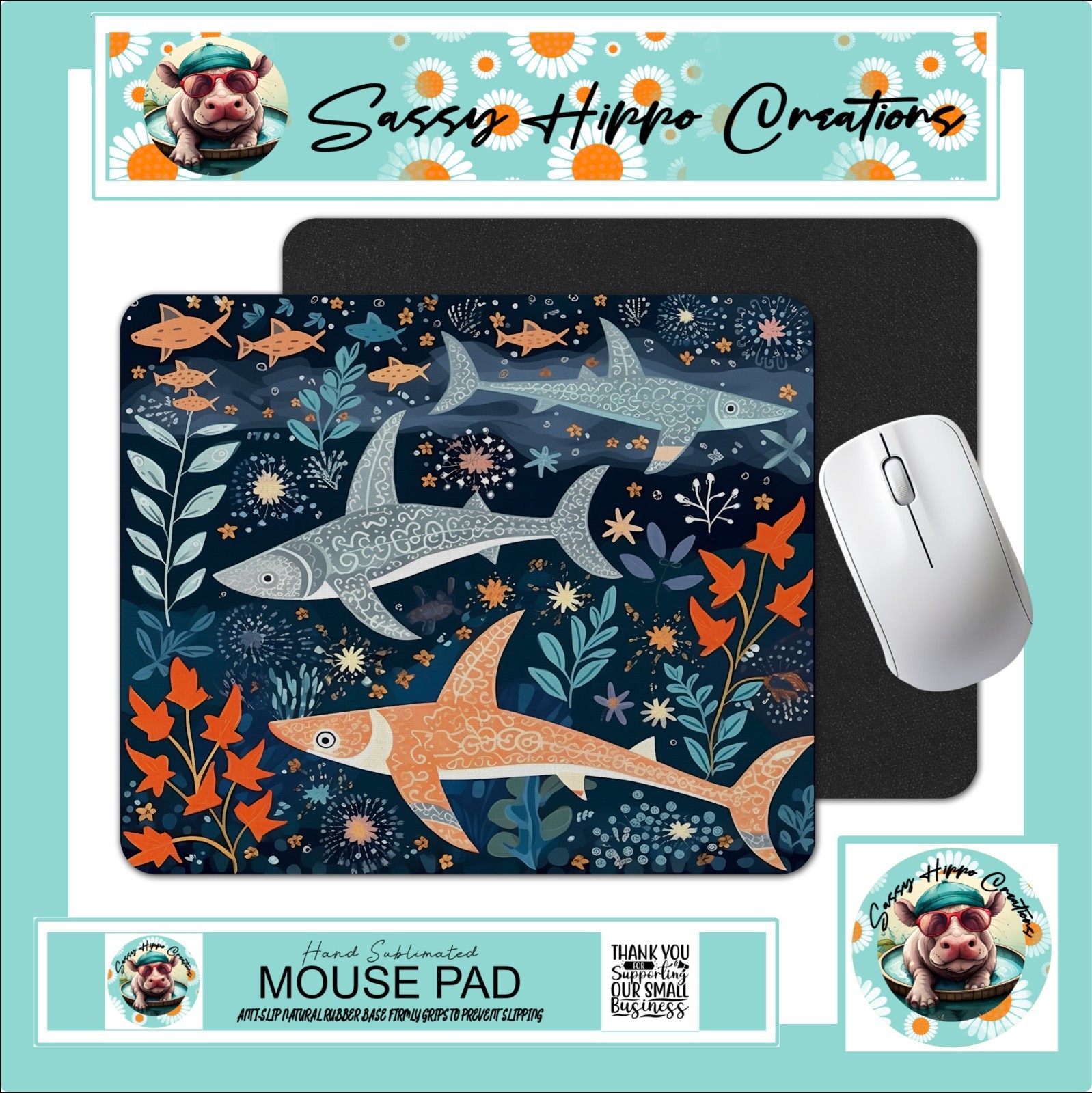 Mouse Pad Sharks Abstract Ocean Beach Sea Anti Slip Back Easy Clean Sublimated