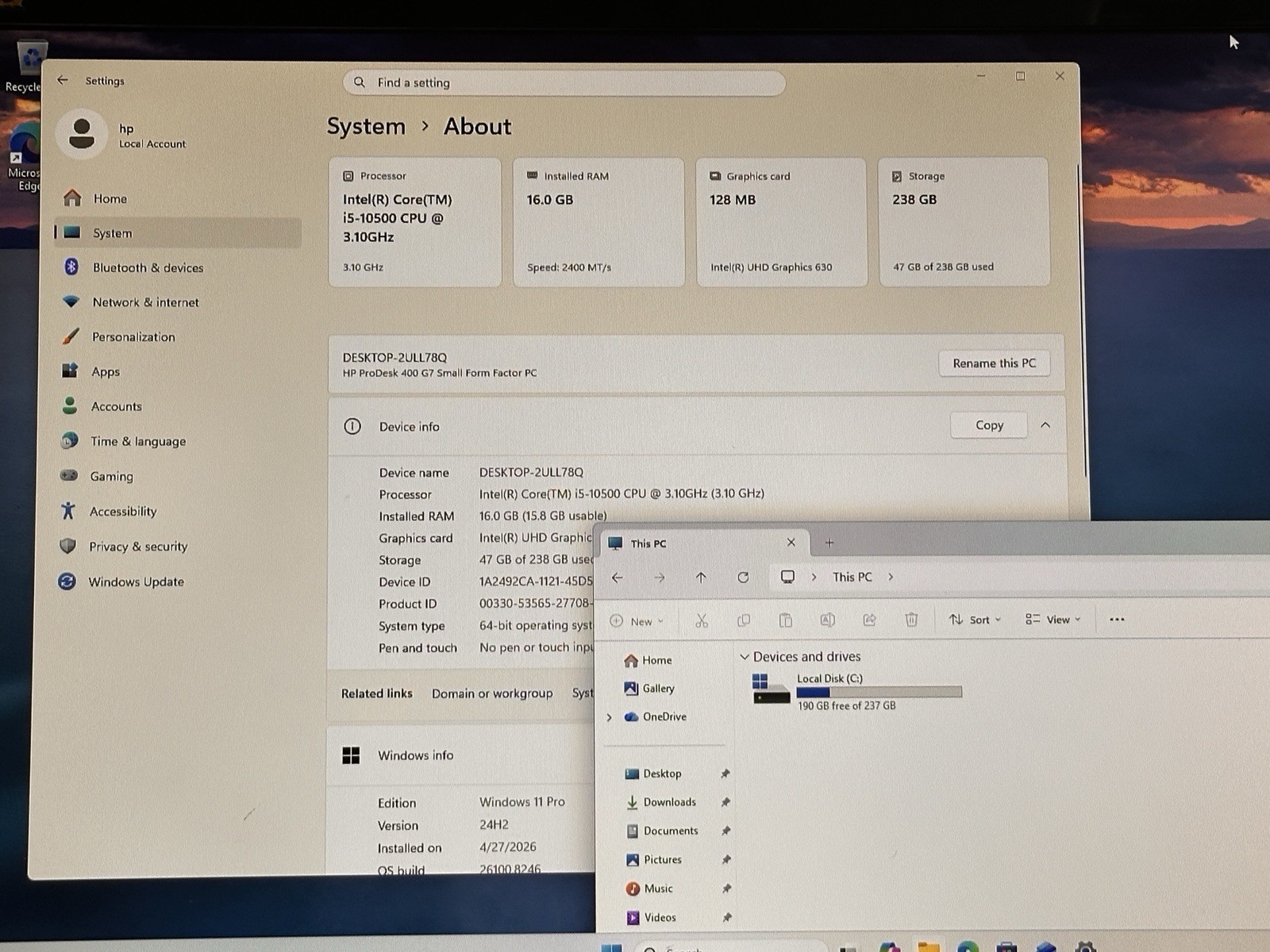 HP ProDesk 400 G7 SFF i5-10500 16GB 256GB Windows 11 Pro