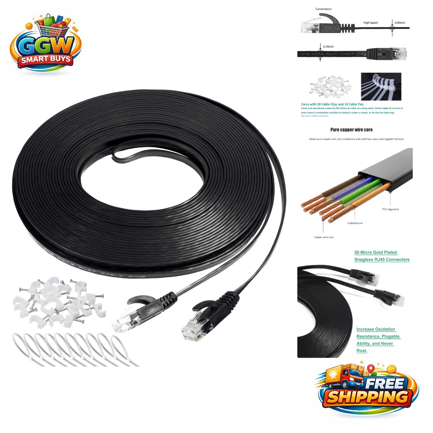 Ultra-Slim 100ft Cat 6 Ethernet Cable - Fast Data Transfer with Clips & Ties