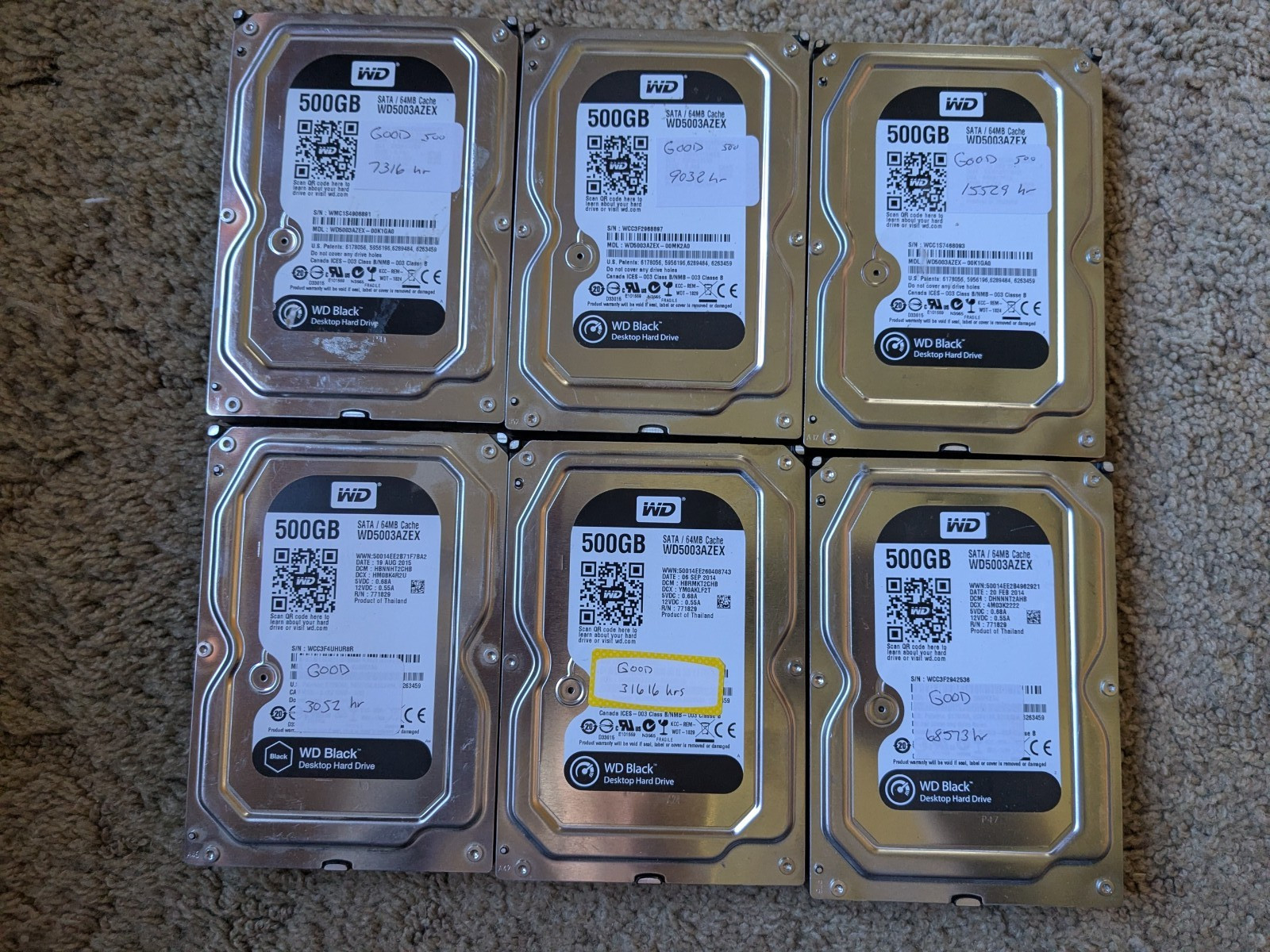 Lot of  6 Western Digital Black SATA 3.5" Desktop Hard Drives 500GB WD5003AZEX