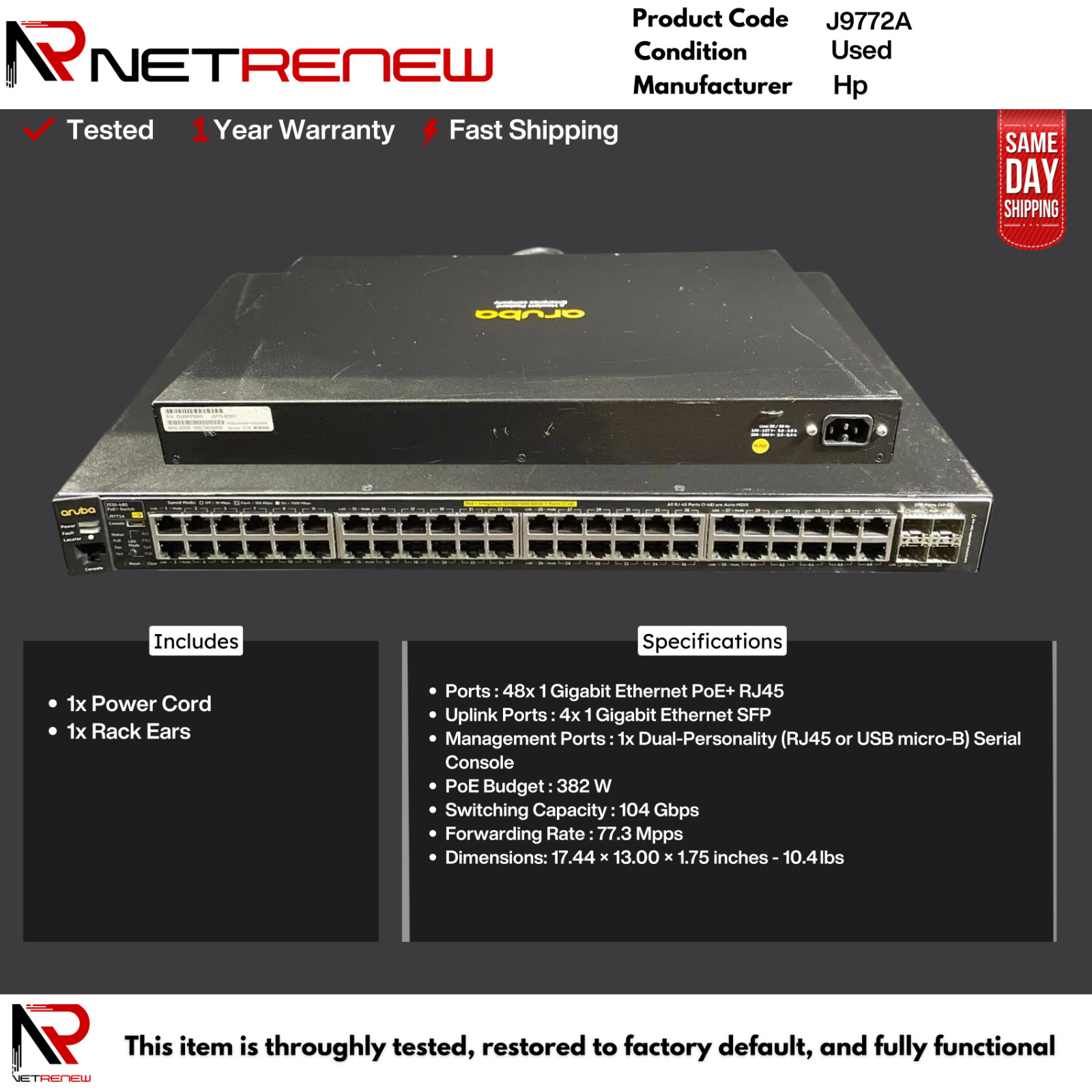Aruba HP  J9772A 2530-48G-PoE+ 48 Port Gigabit PoE+  Switch