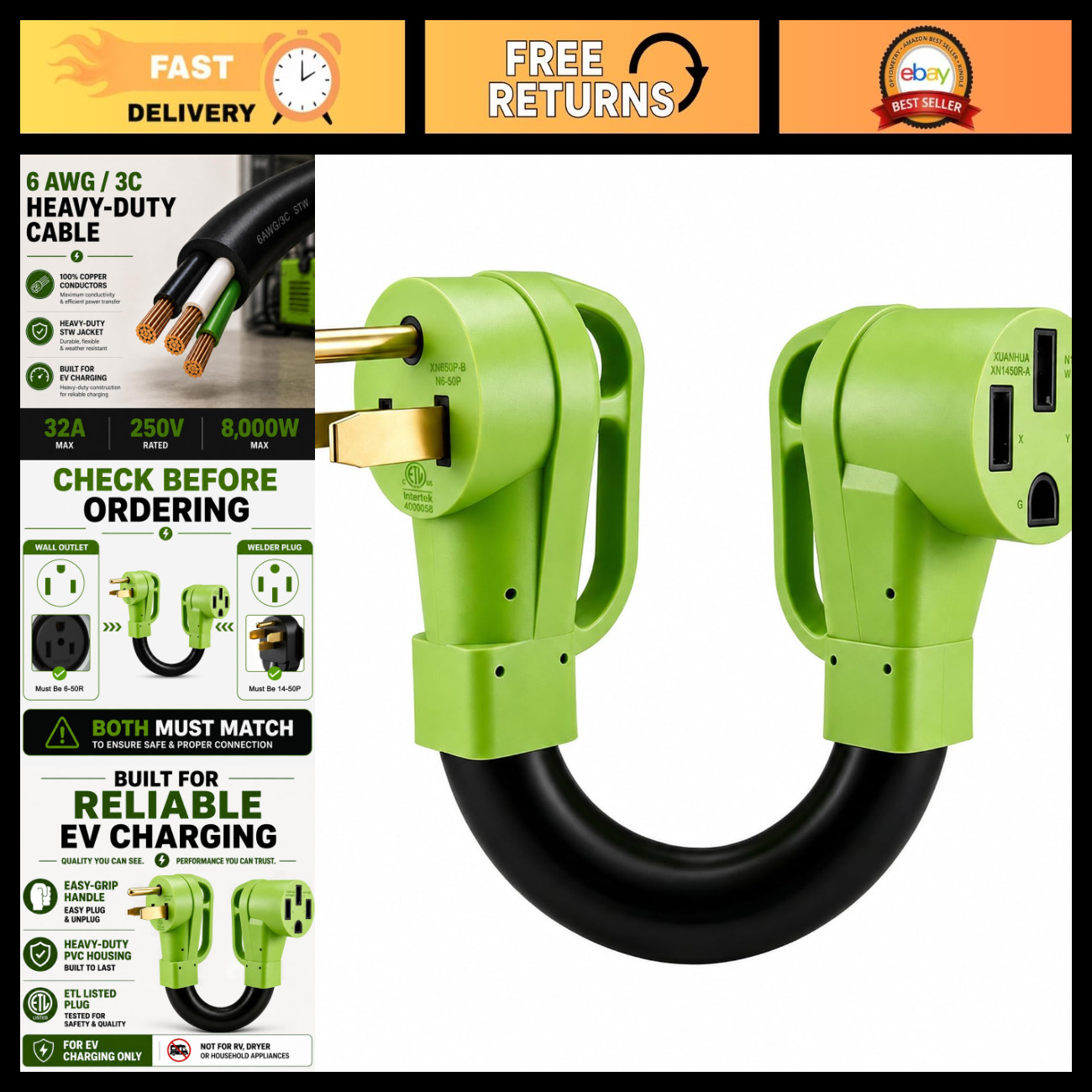 NEMA 6-50P to 14-50R EV Charger Adapter Cord, Heavy Duty 6AWG/3C, Fast Charging