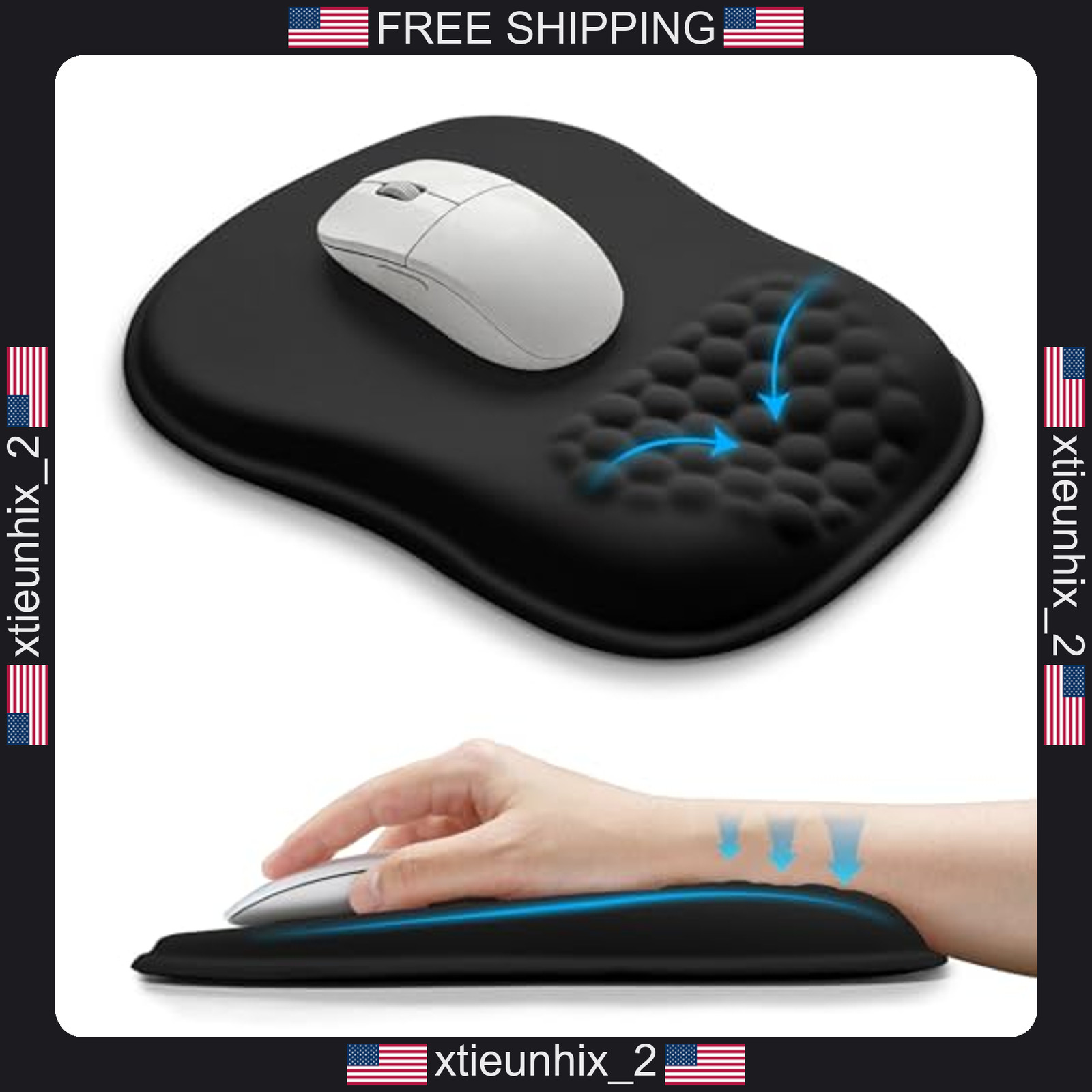 Ergonomic Wrist Support Mouse Pad 10.2x8.3 in Memory Foam Cushion Black