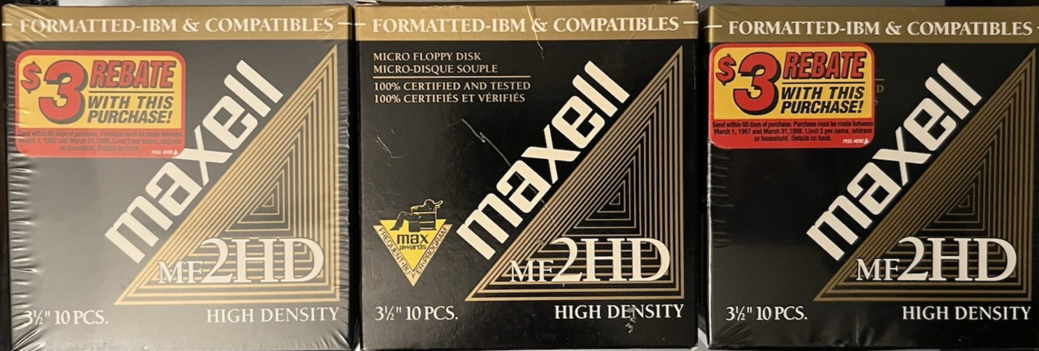 118 3.5" Diskettes Maxell, Sony, TDK & OfficeMax HD Double Sided for IBM Sealed