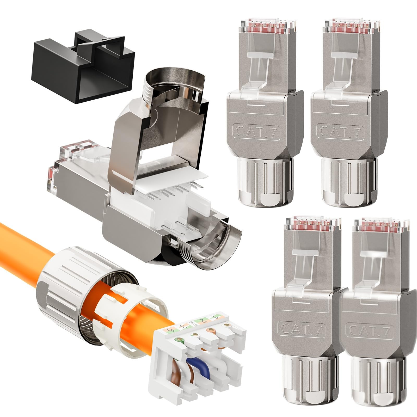 CAT7 RJ45 Toolless Connector 6 Pack, Zinc Alloy Shielded Tool Free Ethernet P...
