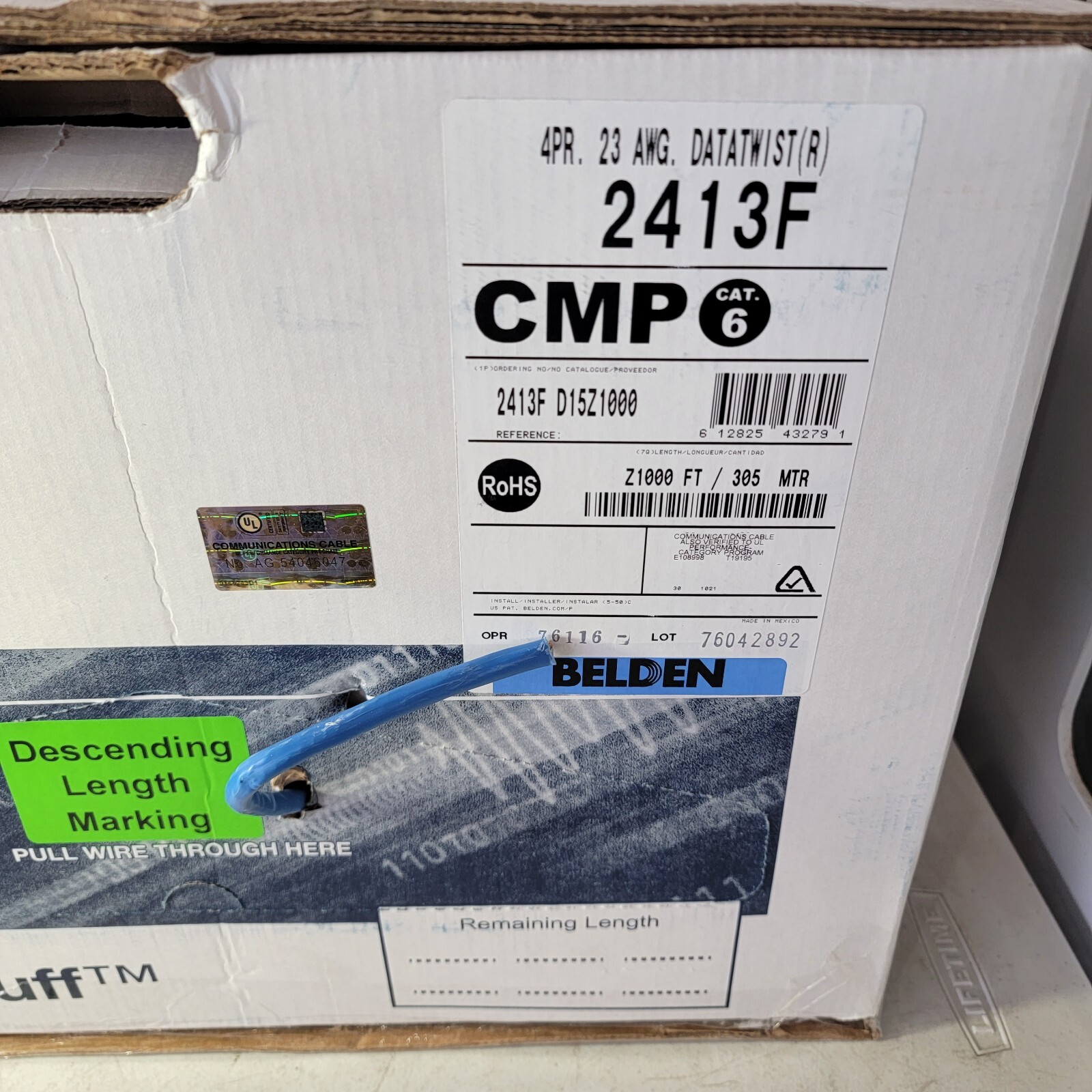 Belden Cat 6 2413F Cable Blue 23 AWG 350MHz CMP Plenum Air Spaces- Priced per FT
