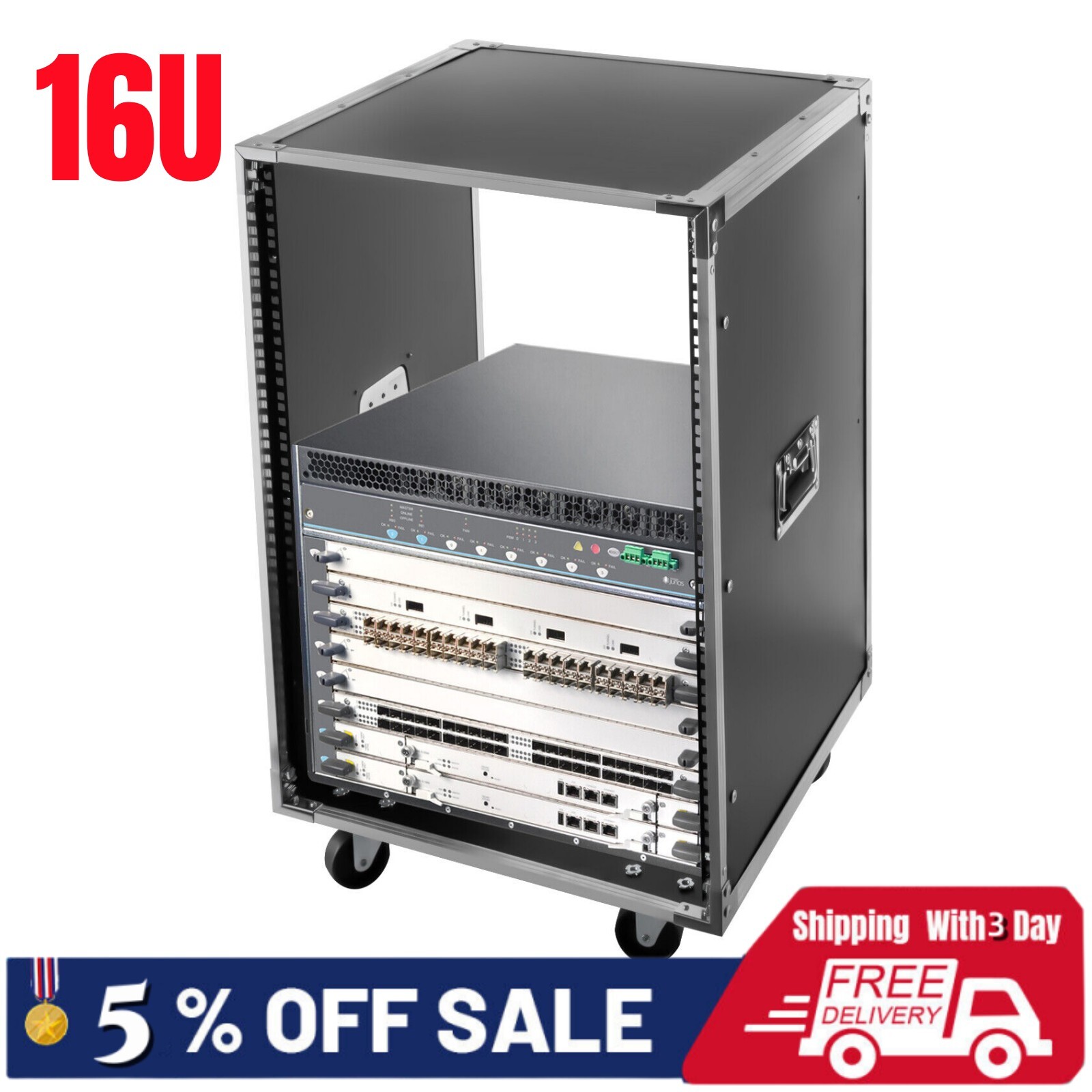 16U Cabinet Rolling Network Rack Audio Studio Video Telecom Equipment Rack Black