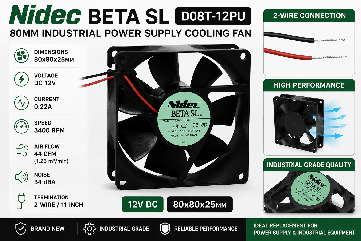 2-Wire Power Supply Fan Replace Nidec 80mm 3" 12V 0.22A Industrial Grade 