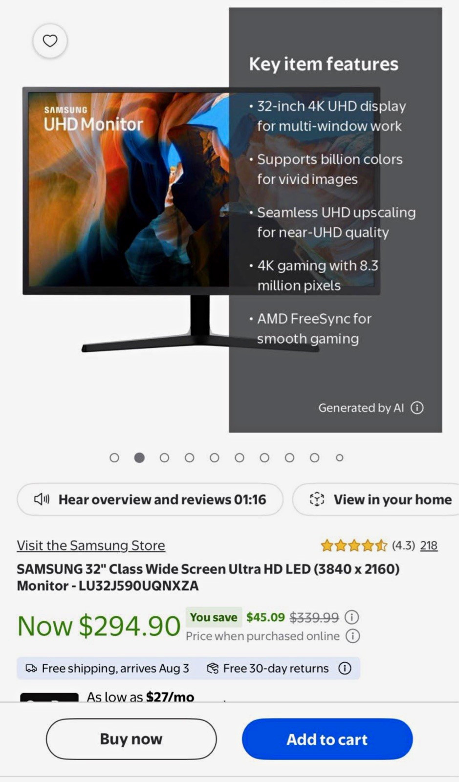 Samsung 32in 4K UHD LED Monitor FreeSync 60Hz 4ms HDMI/DP LU32J590