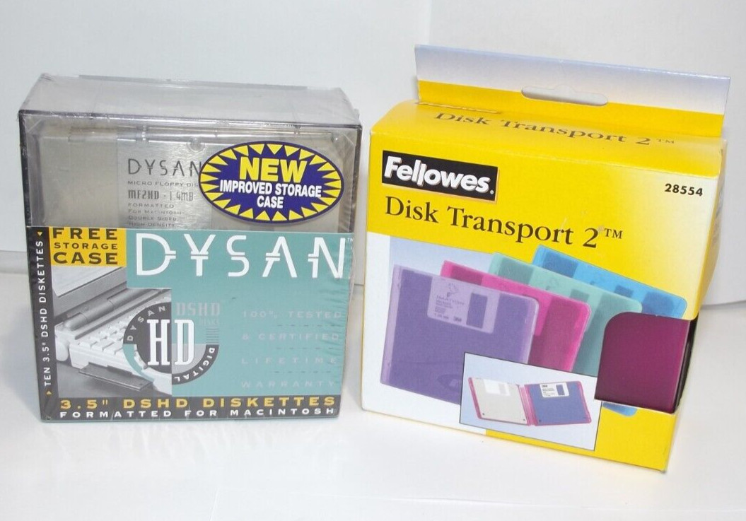 DYSAN MAC 10pk 3.5" DSHD Floppy Diskettes & Fellowes Transport 2, 4-Pack Holders