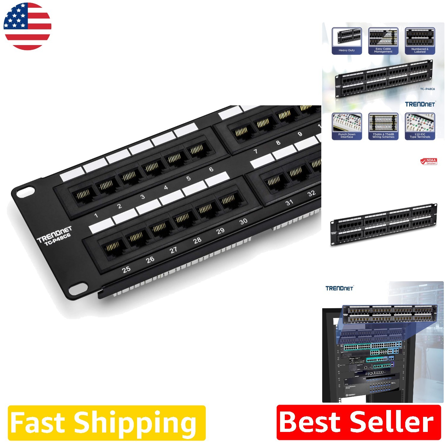 Durable 48-Port Cat6 Unshielded Patch Panel: Gigabit, 250MHz, RJ45, 3yr