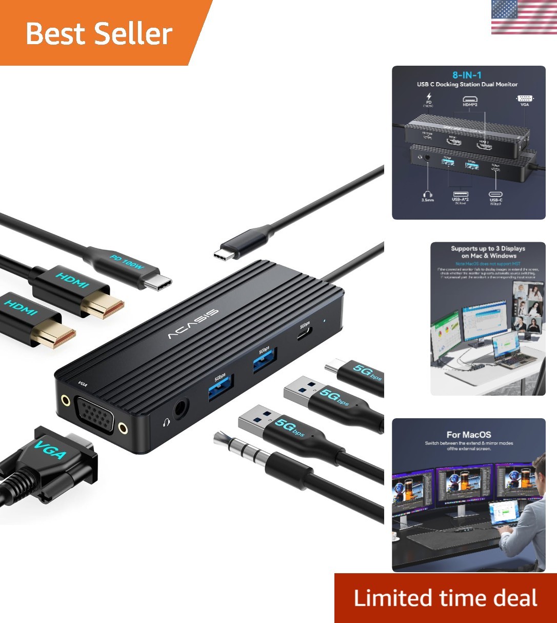 Versatile 8-in-1 USB C Docking Station with HDMI/VGA - Ideal for Multitasking