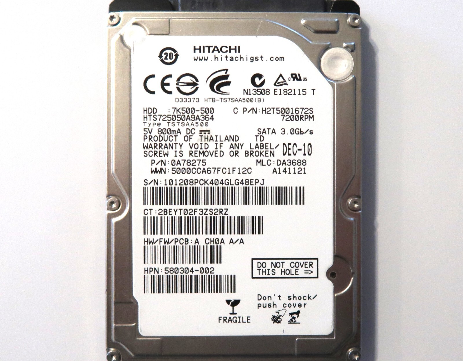 Hitachi HTS725050A9A364 PN:0A78275 MLC:DA3688 Thailand 500gb Sata 2.5" DEC-10
