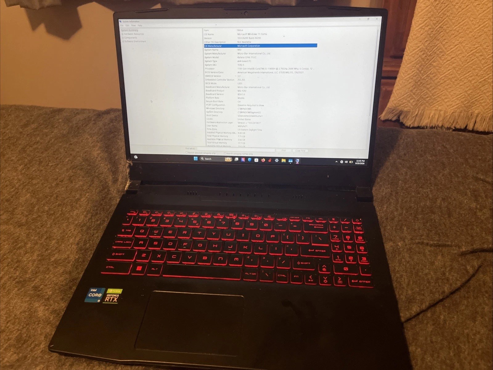 MSI KATANA GF66 Gaming RTX 3050, i5-11400H, 500GB SSD, 144hz, 8GB Ram, Charger