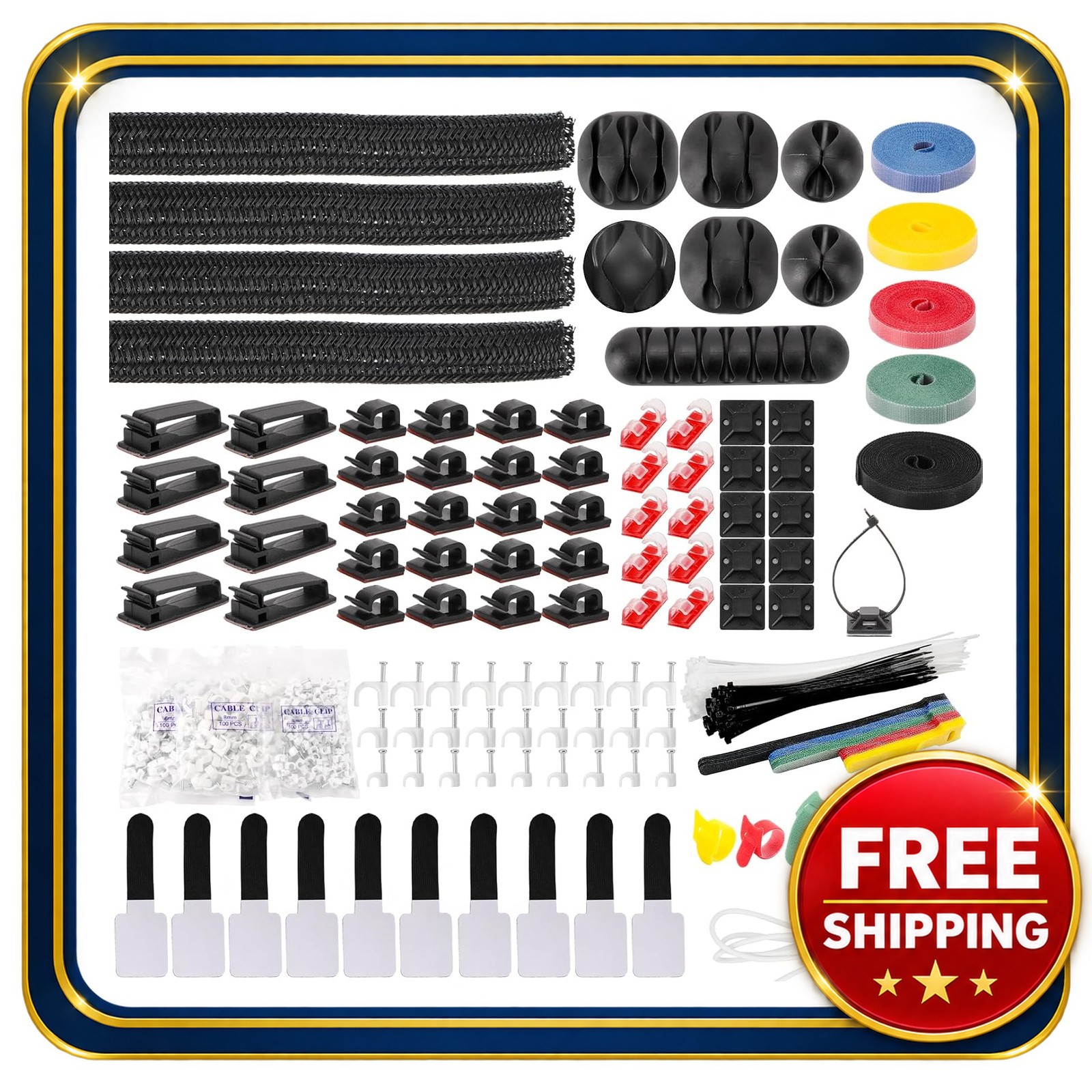 Cable Management Kit with Sleeves Clips Ties and Holders for Desk Organization